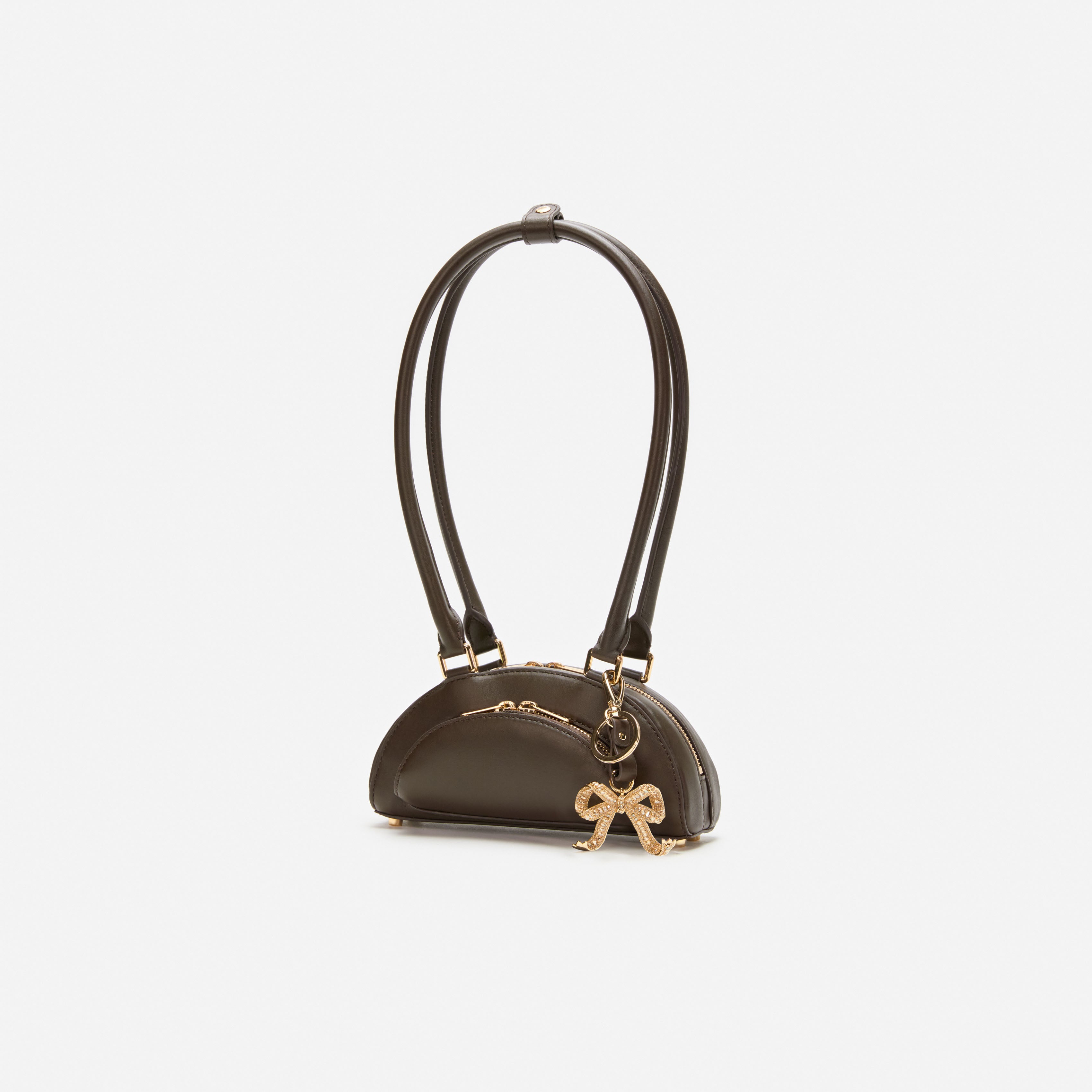 Brown Leather Mini Shoulder Bag With Charm