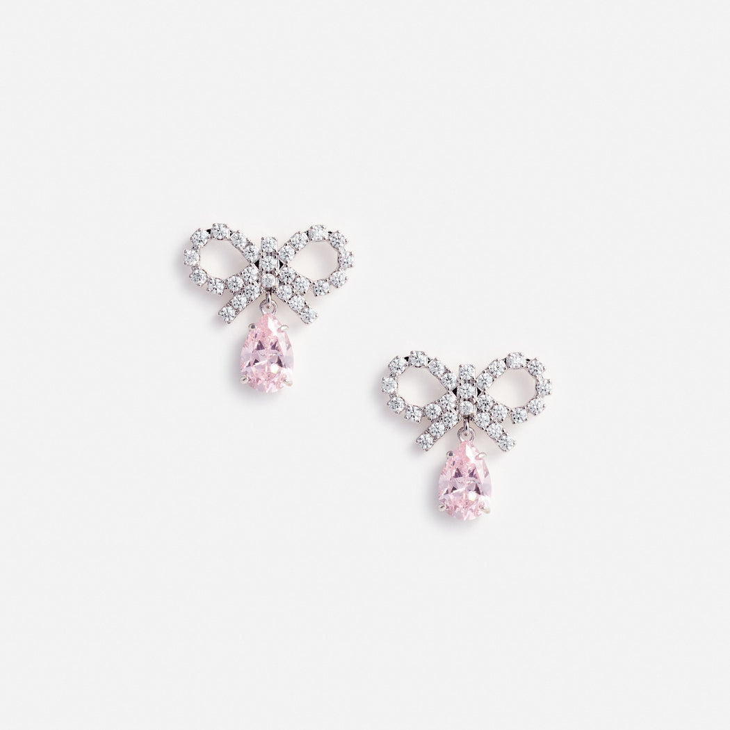 Micro Bow Pink Droplet Earrings