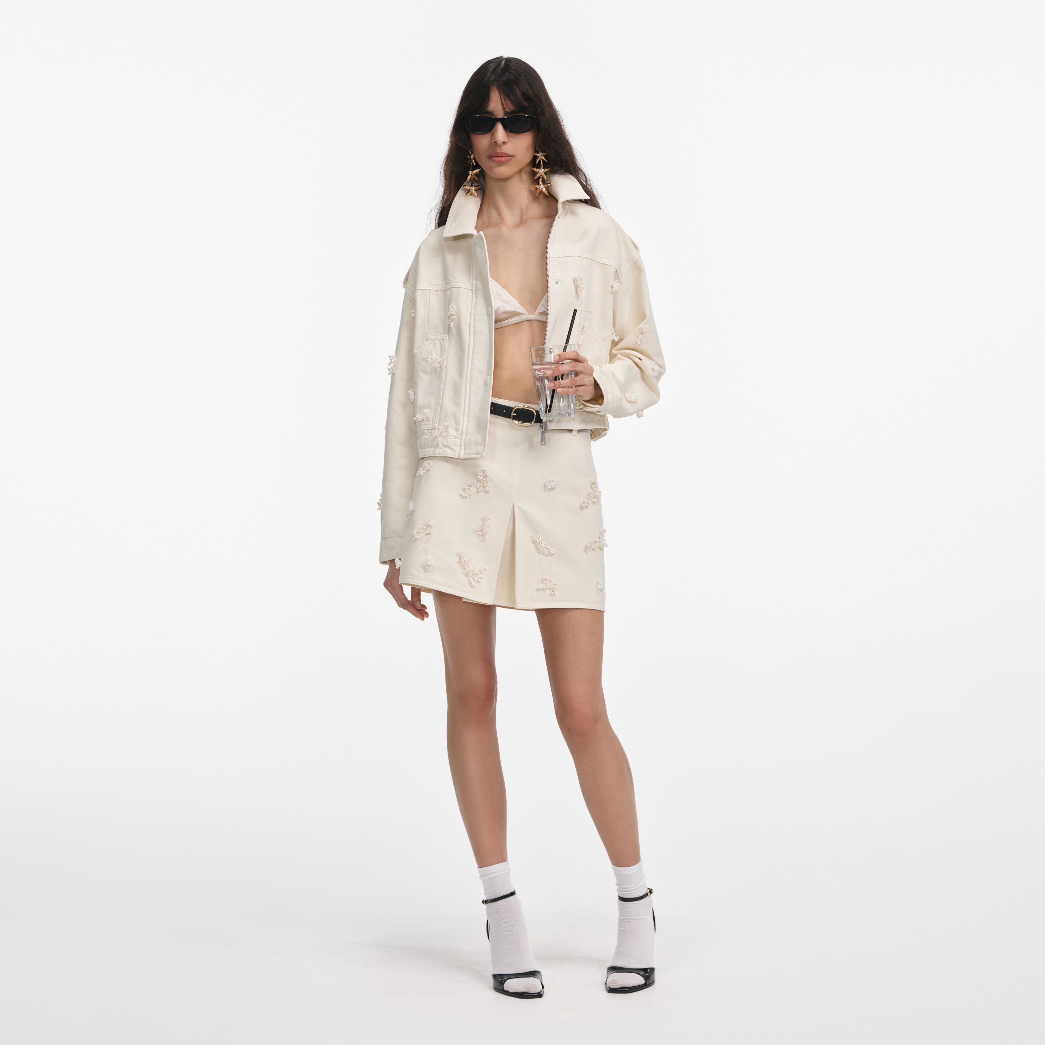 Cream Denim Beaded Floral Mini Skirt