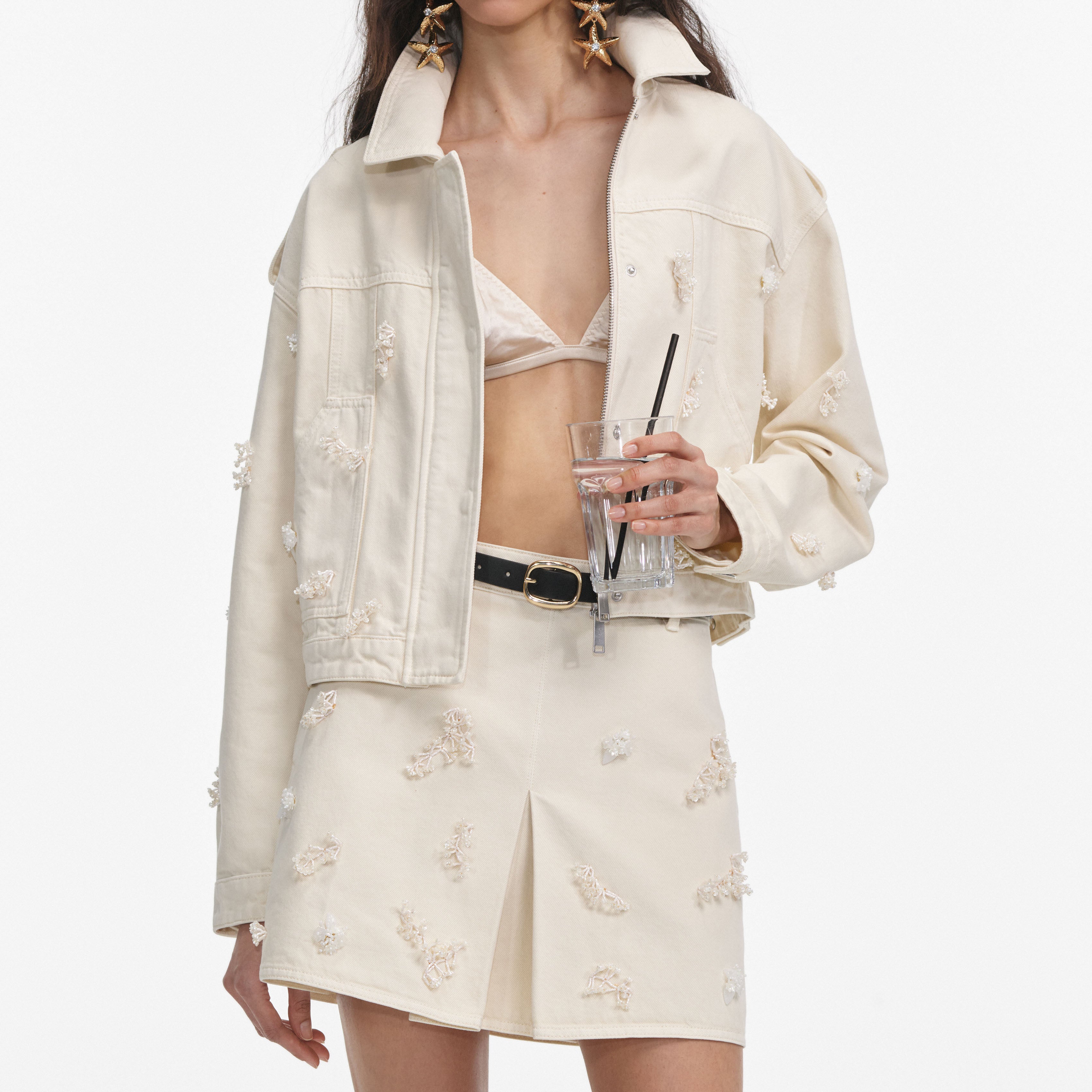 Cream Denim Beaded Floral Mini Skirt