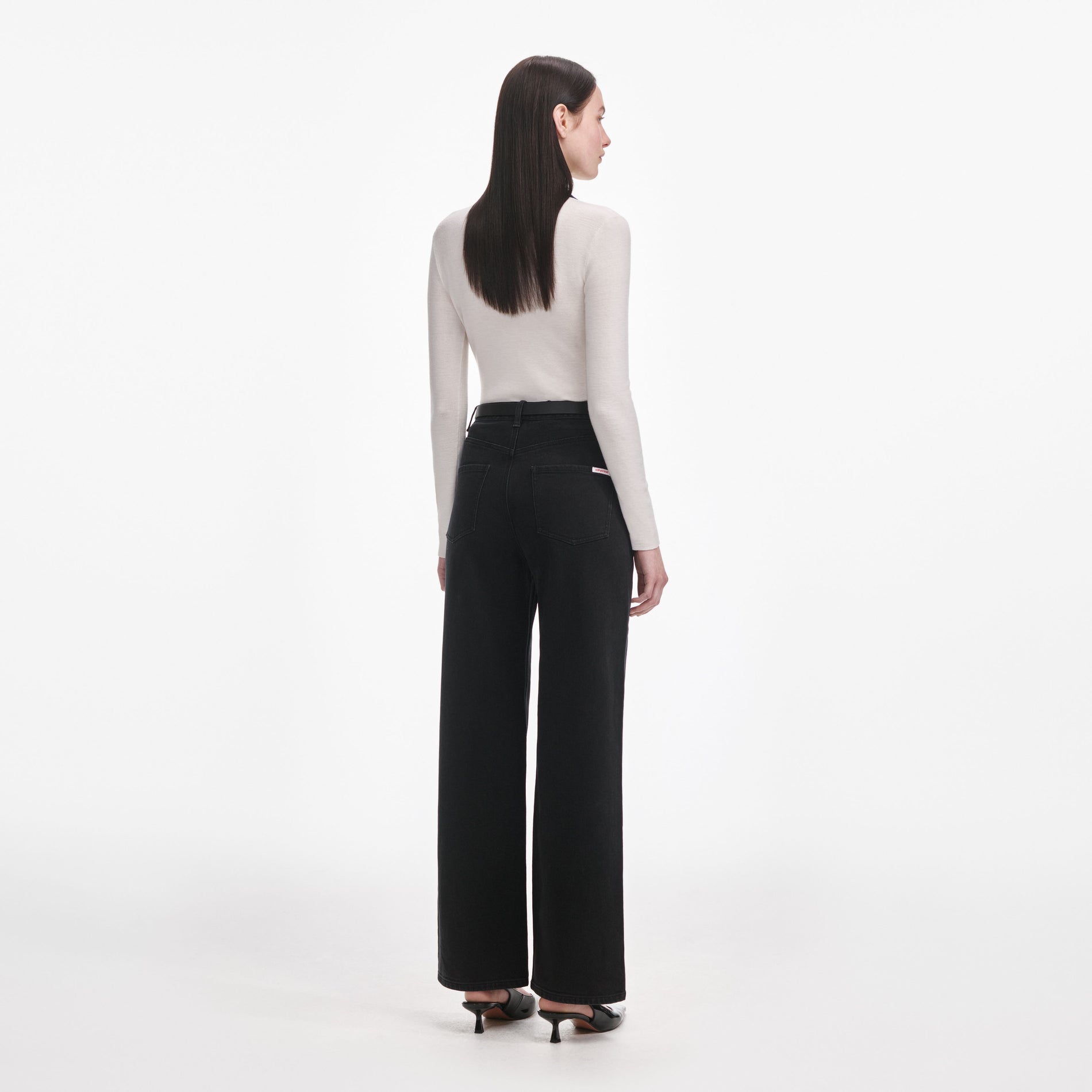 Back view of a woman wearing the Black Straight Leg Jeans