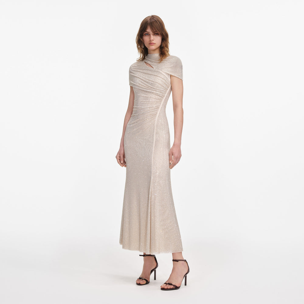 Champagne Rhinestone Mesh Cut Out Midi Dress – self-portrait