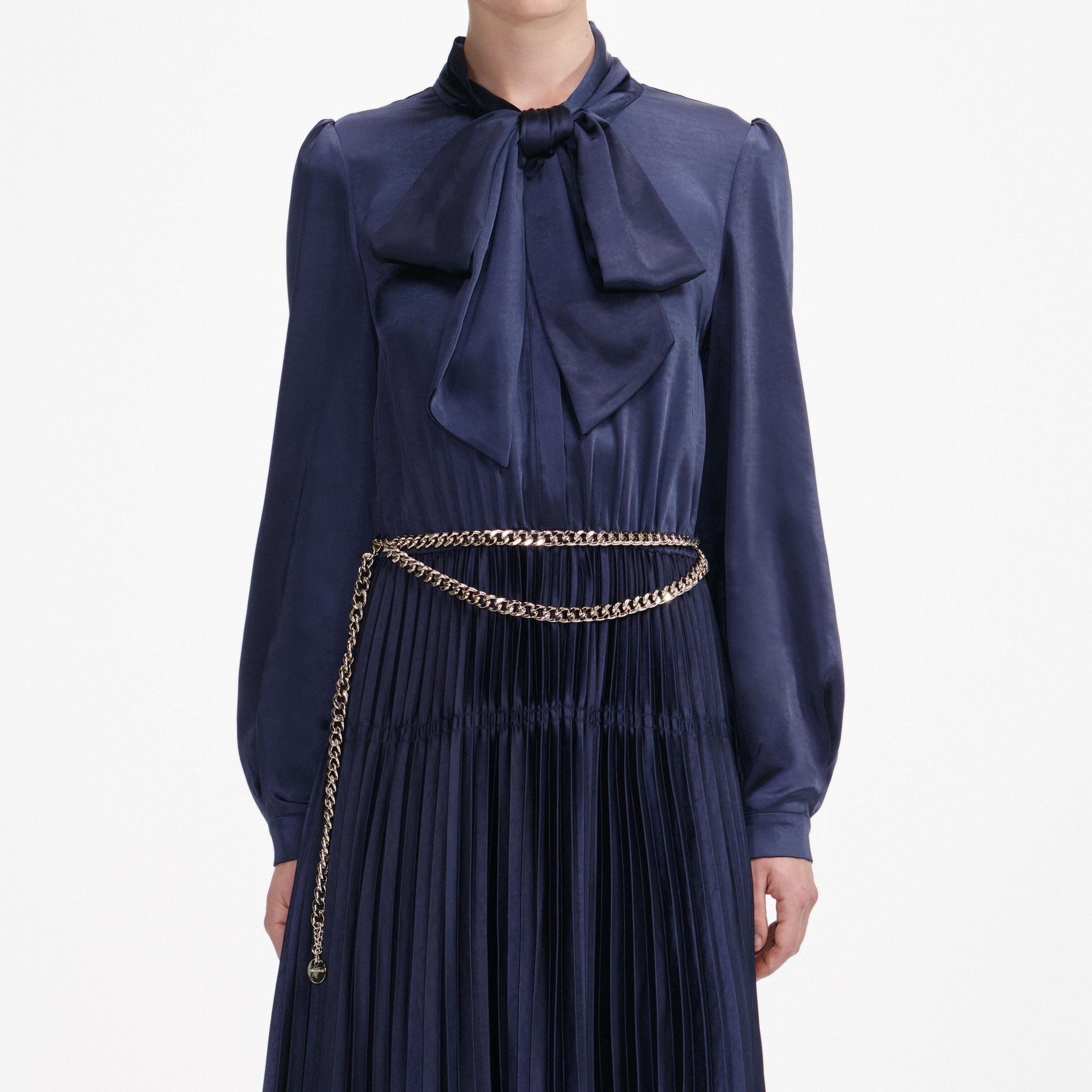 Navy Satin Tie Neck Maxi Dress