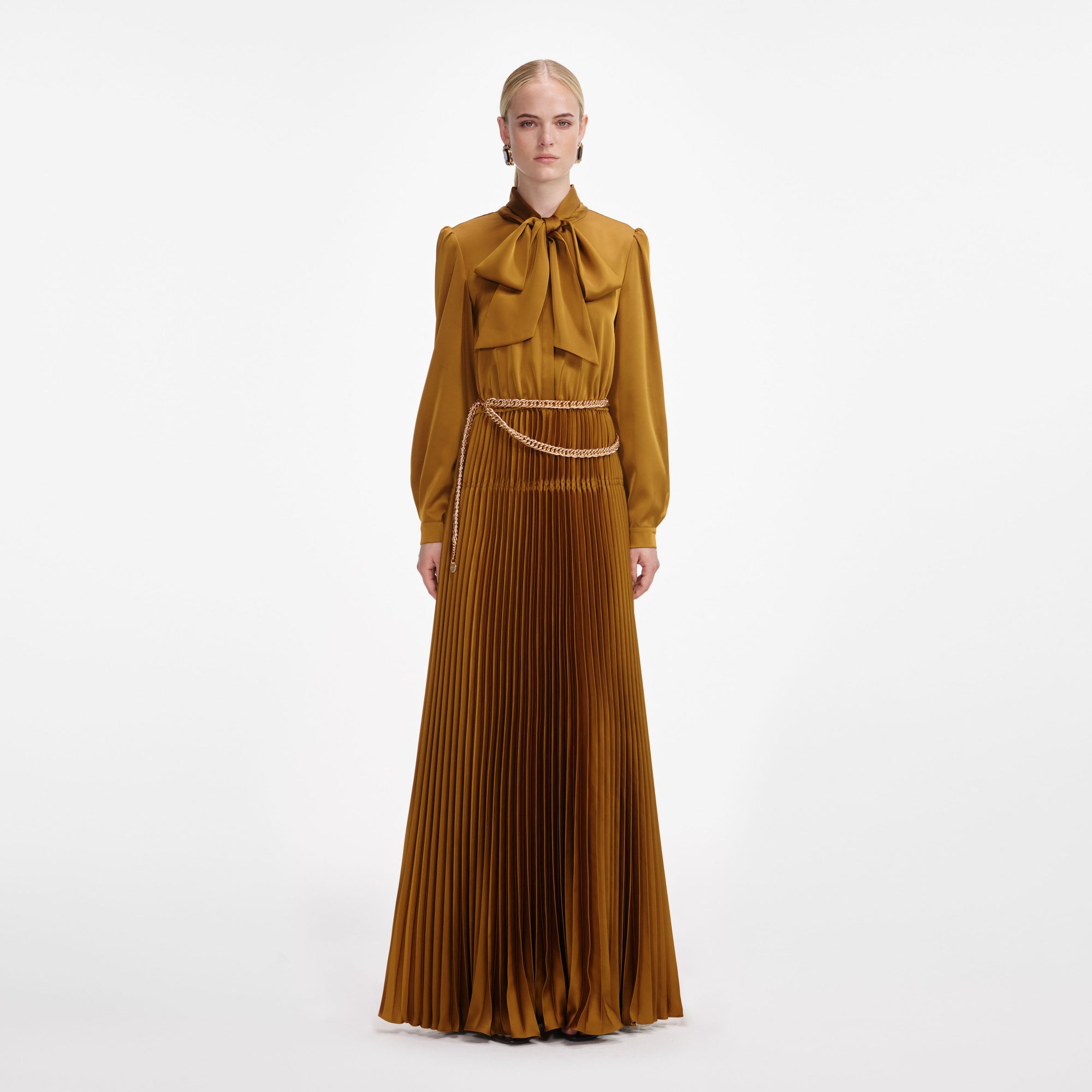 Bronze Satin Tie Neck Maxi Dress