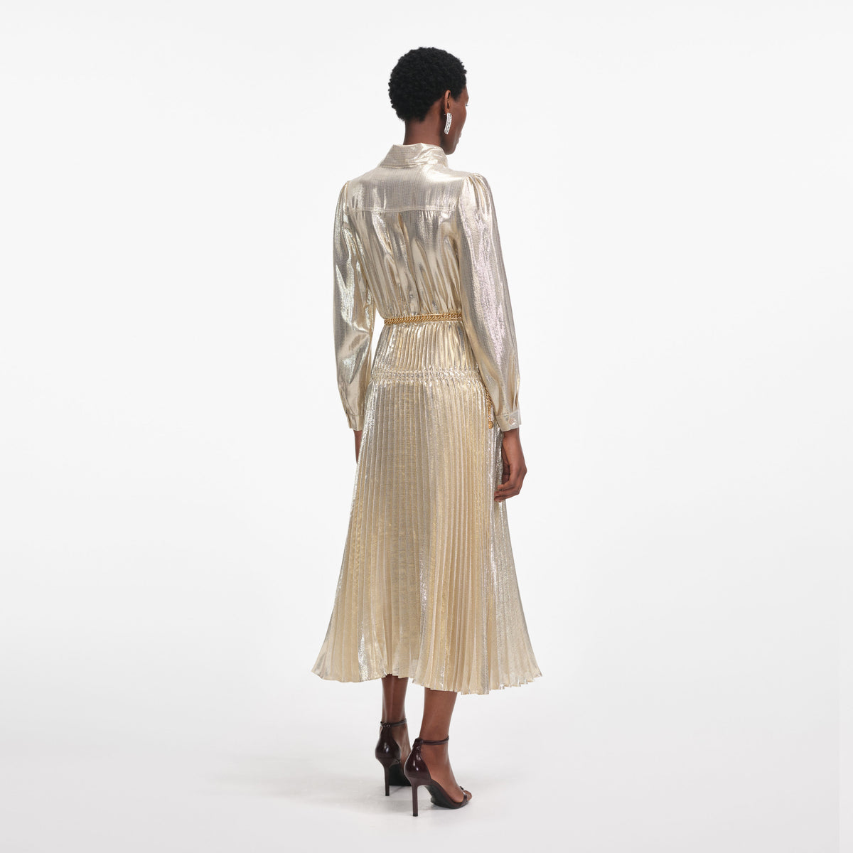 Gold Metallic Tie Neck Midi Dress – self-portrait