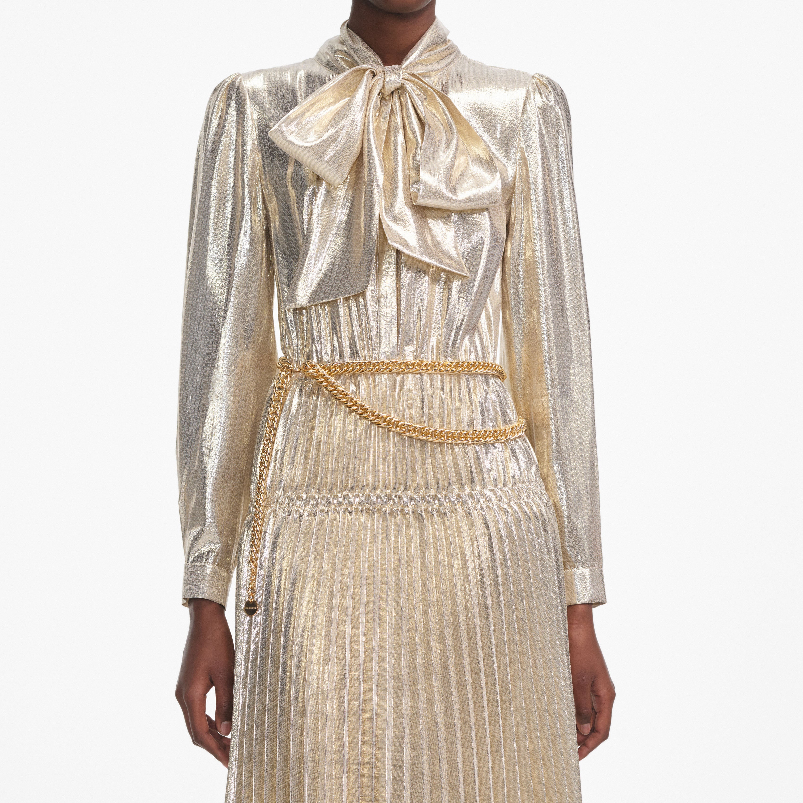 Gold Metallic Tie Neck Midi Dress