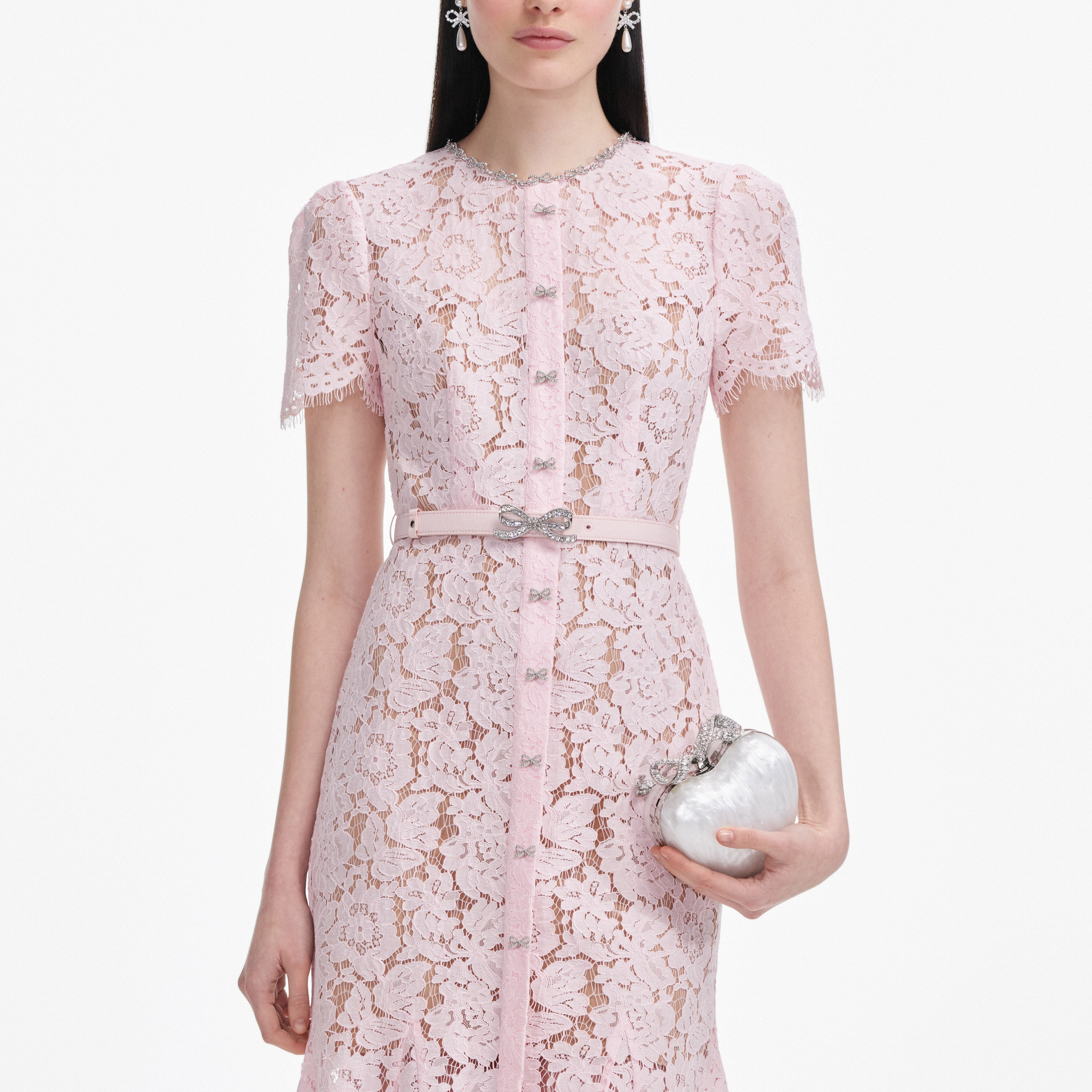 Pink Lace Bow Trim Midi Dress – self-portrait