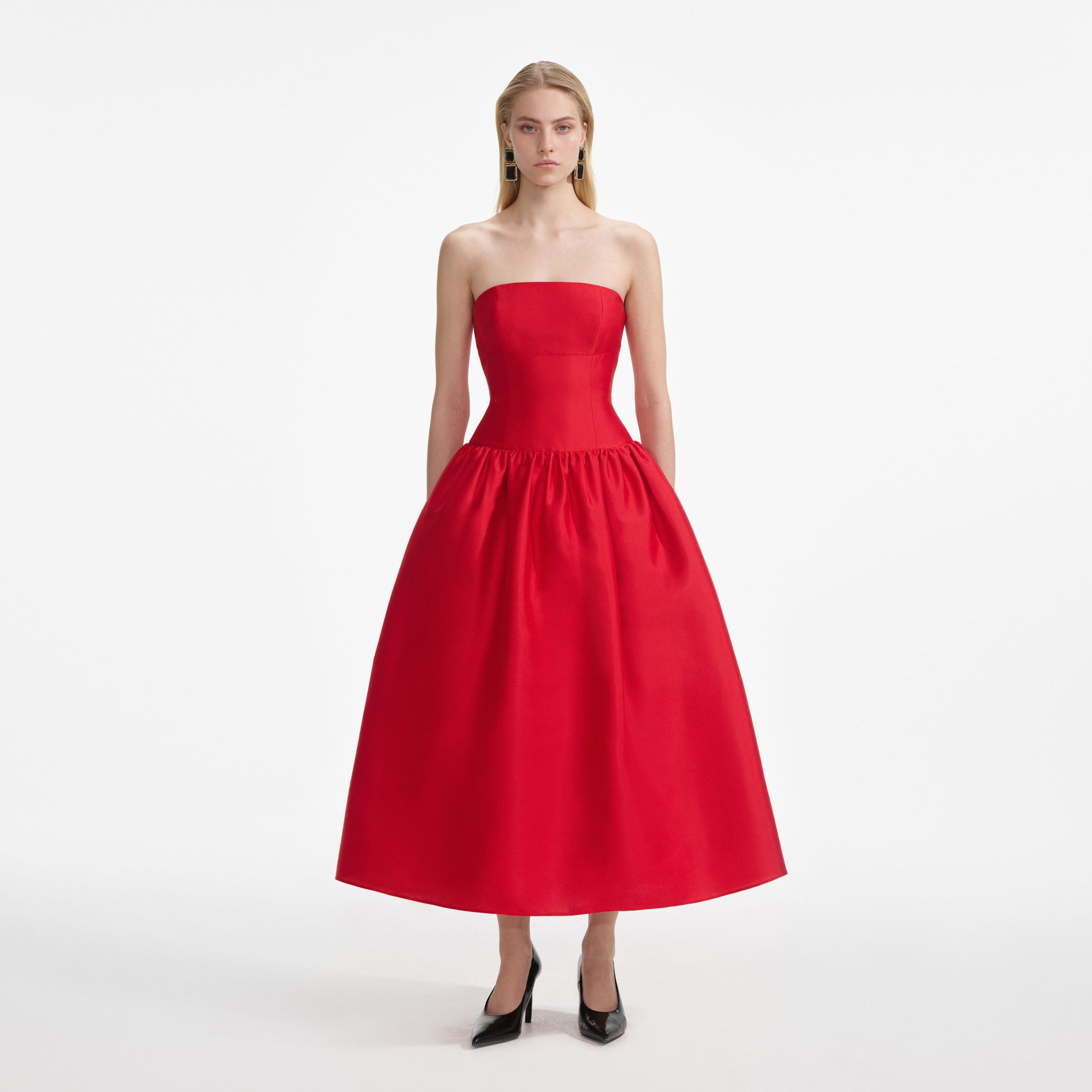 Front view of a woman wearing the Red Taffeta Midi Dress