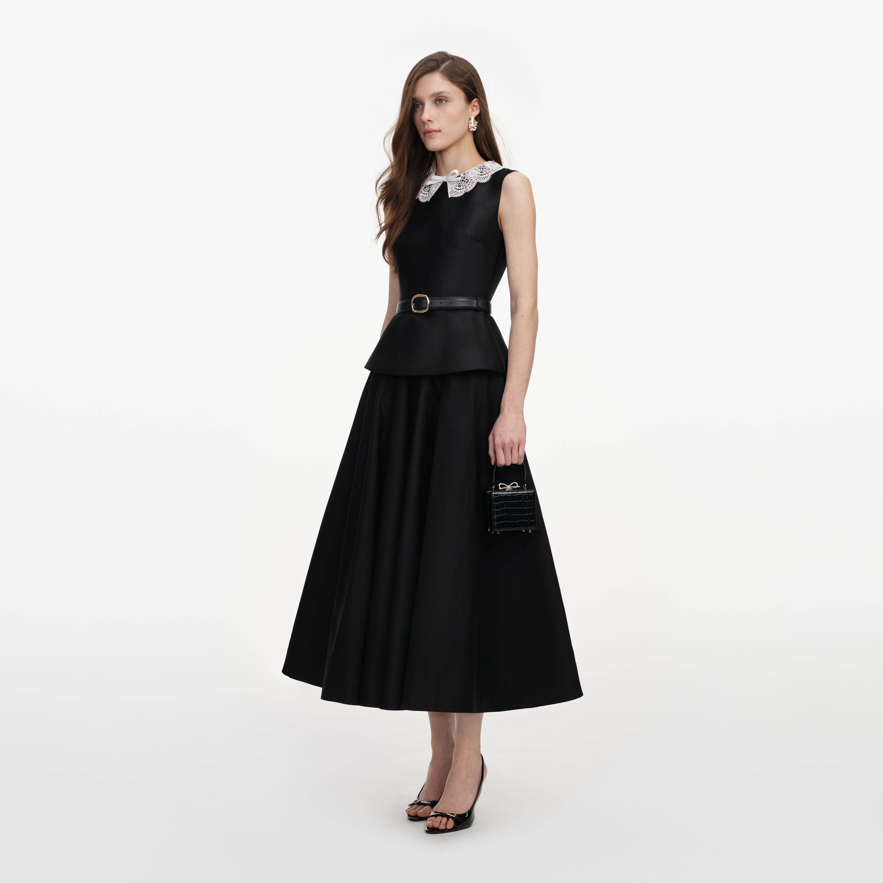 Black Taffeta Peplum Midi Dress