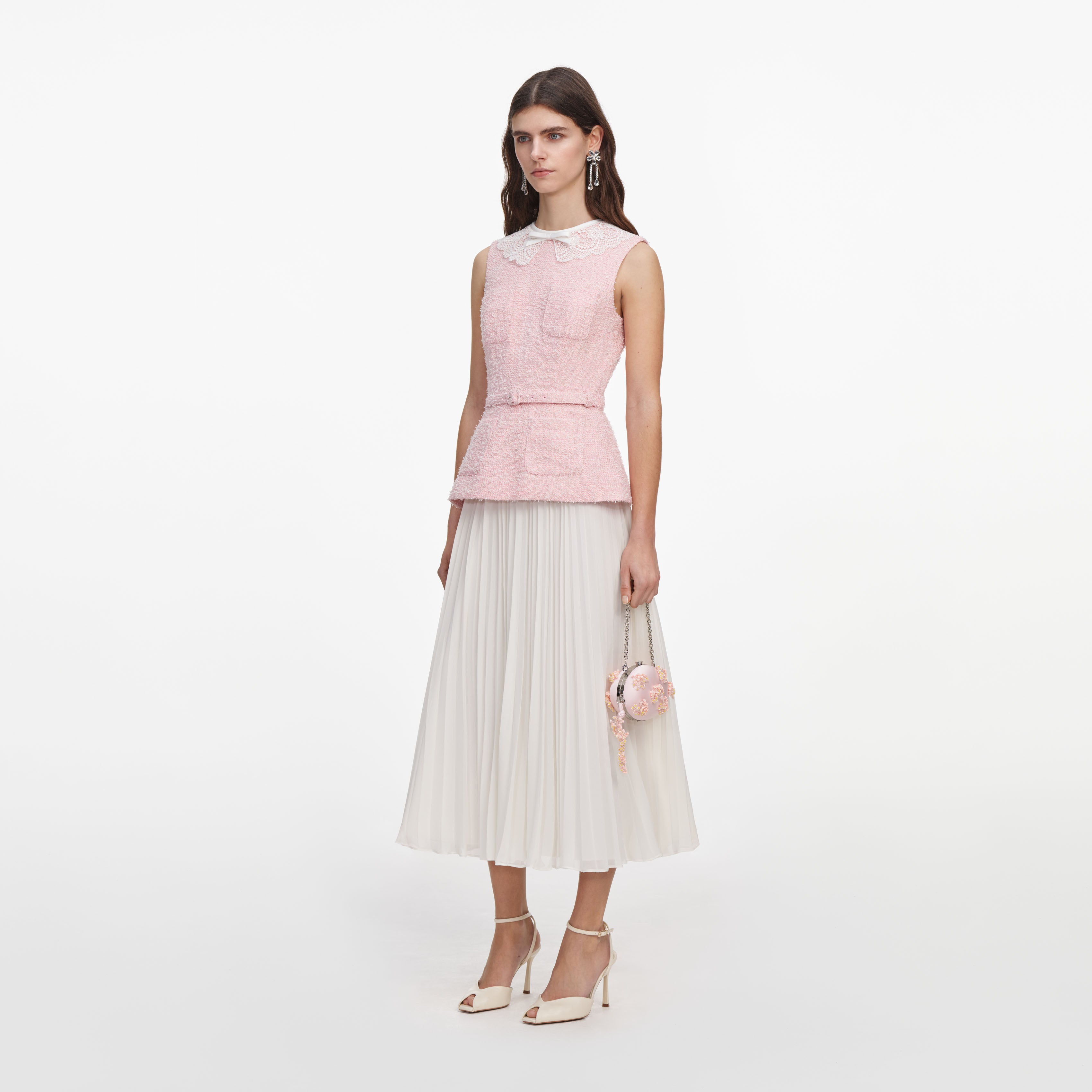 Pink Boucle Lace Collar Midi Dress