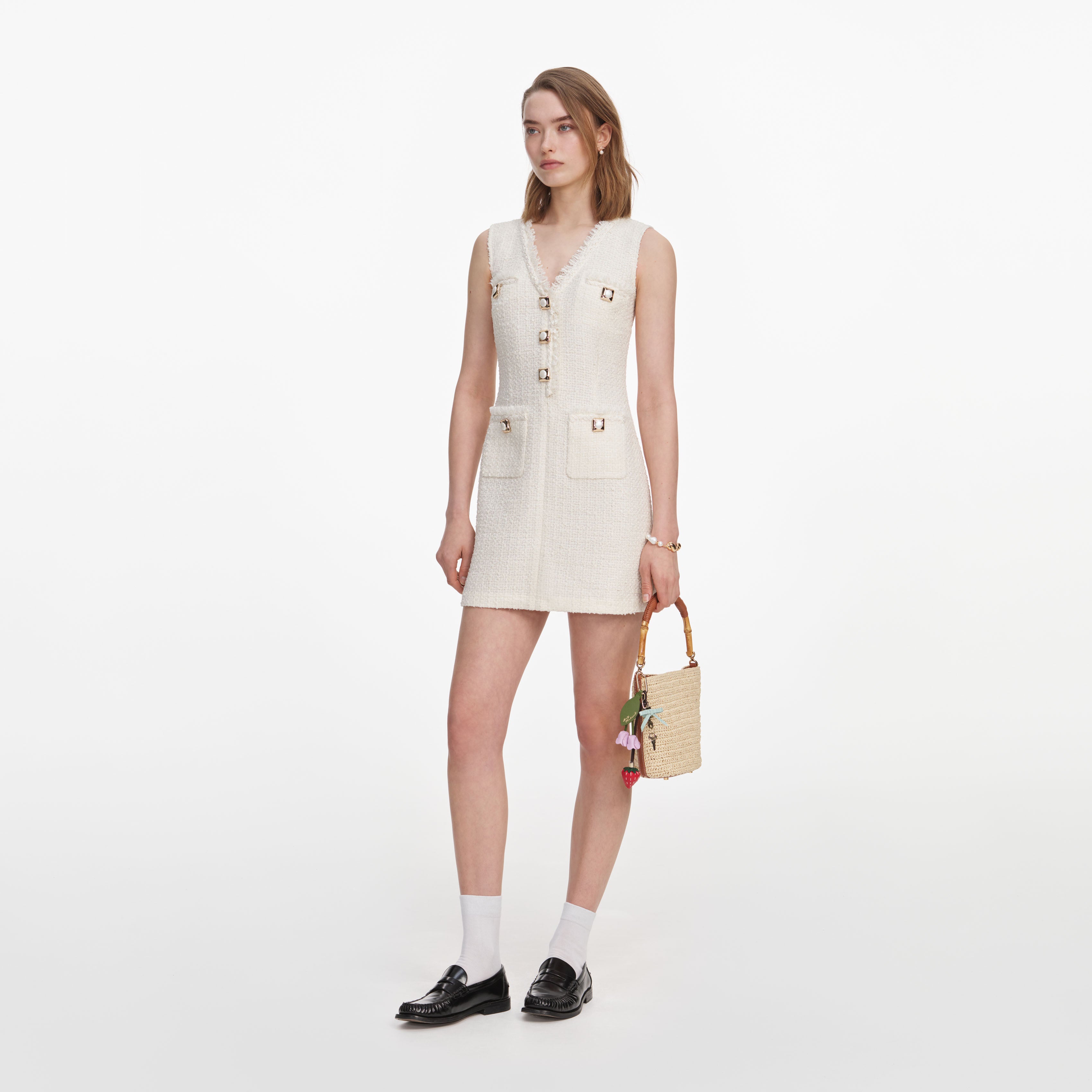 Cream Sleeveless Boucle Mini Dress – self-portrait