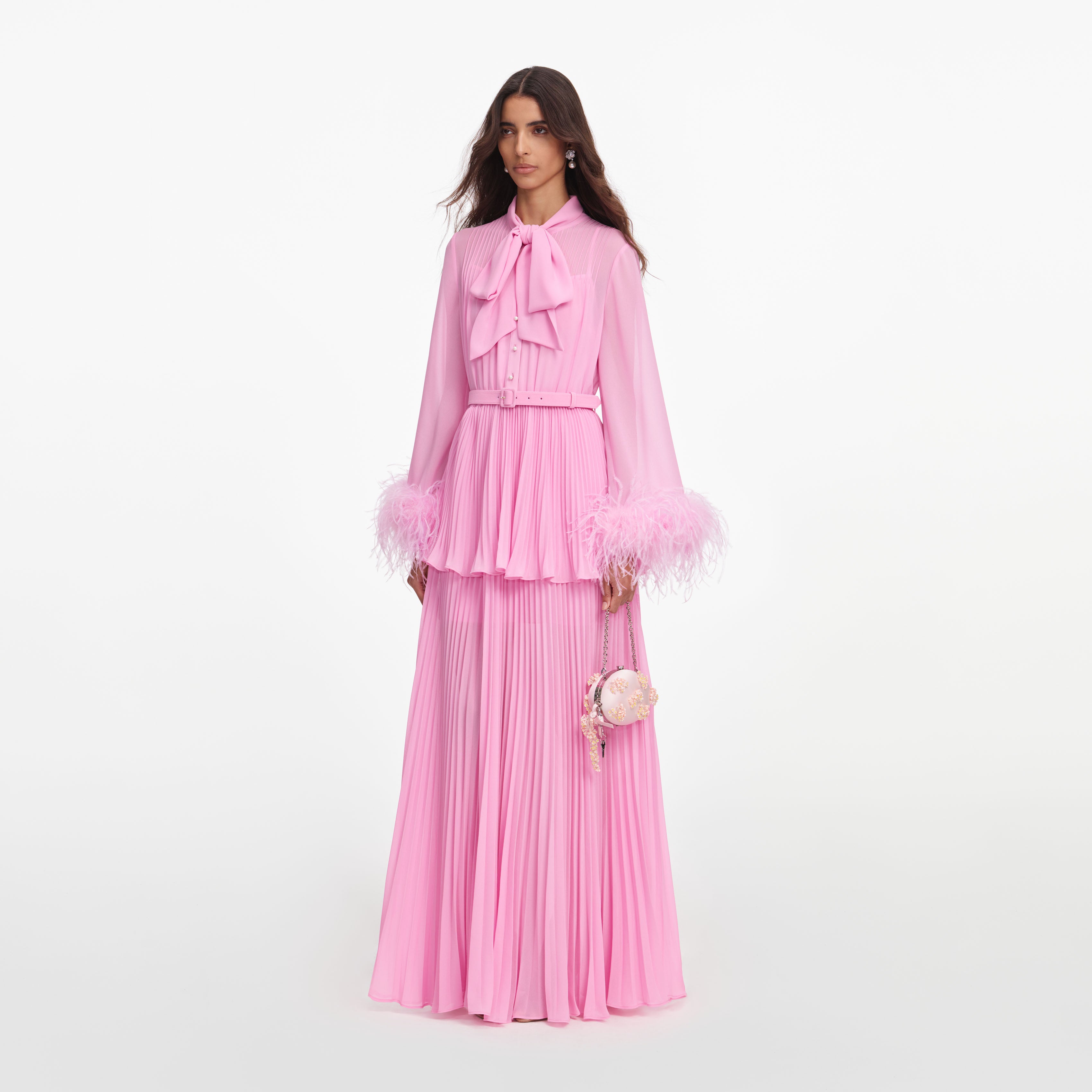 Pink Georgette Feather Cuff Maxi Dress