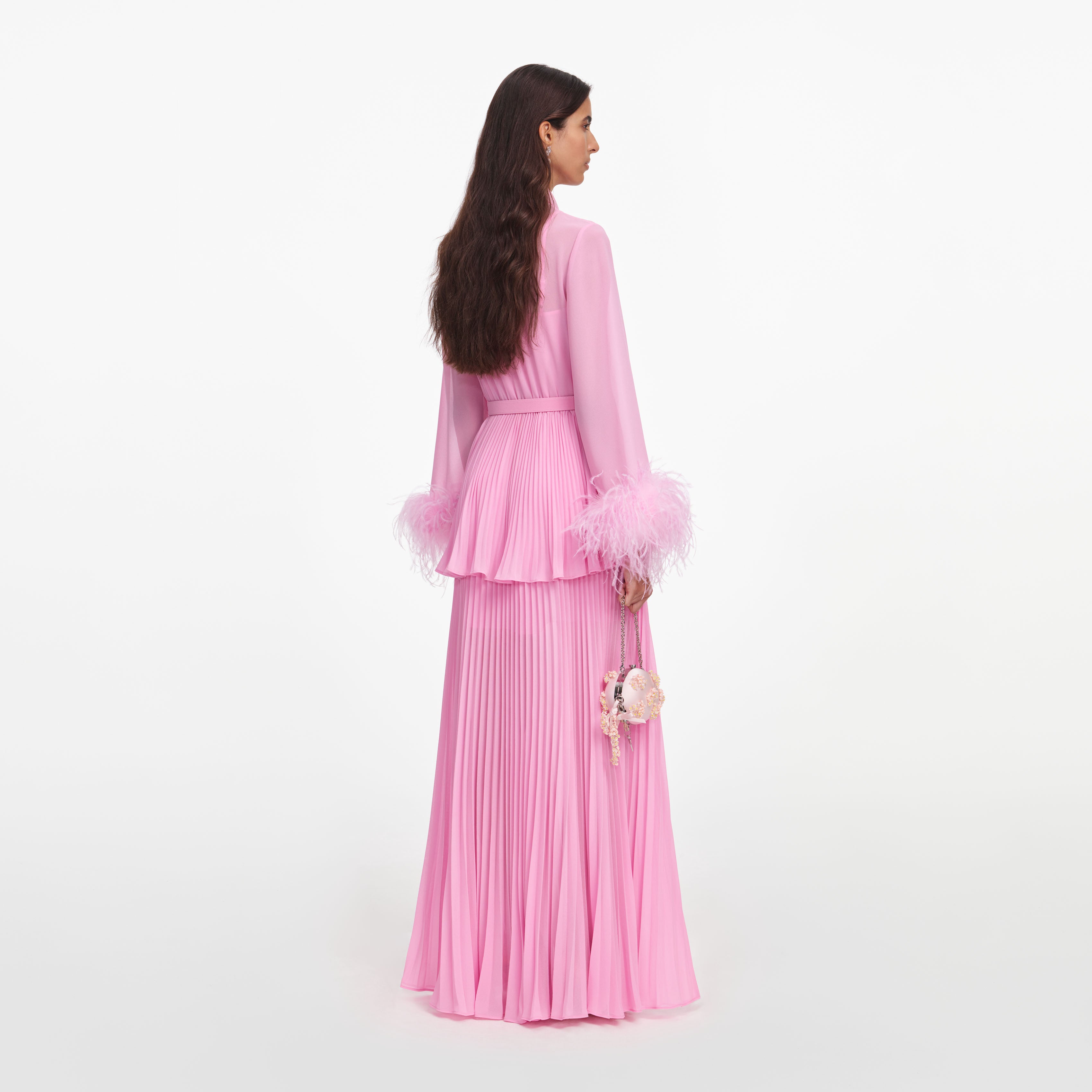 Pink Georgette Feather Cuff Maxi Dress