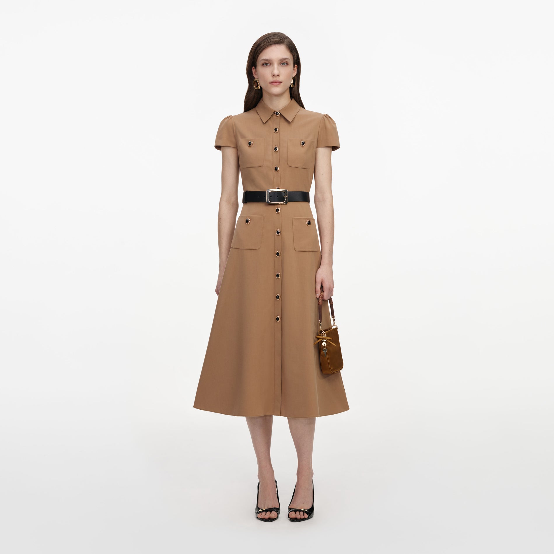 Front view of a woman wearing the Tan Twill Belted Midi Dress