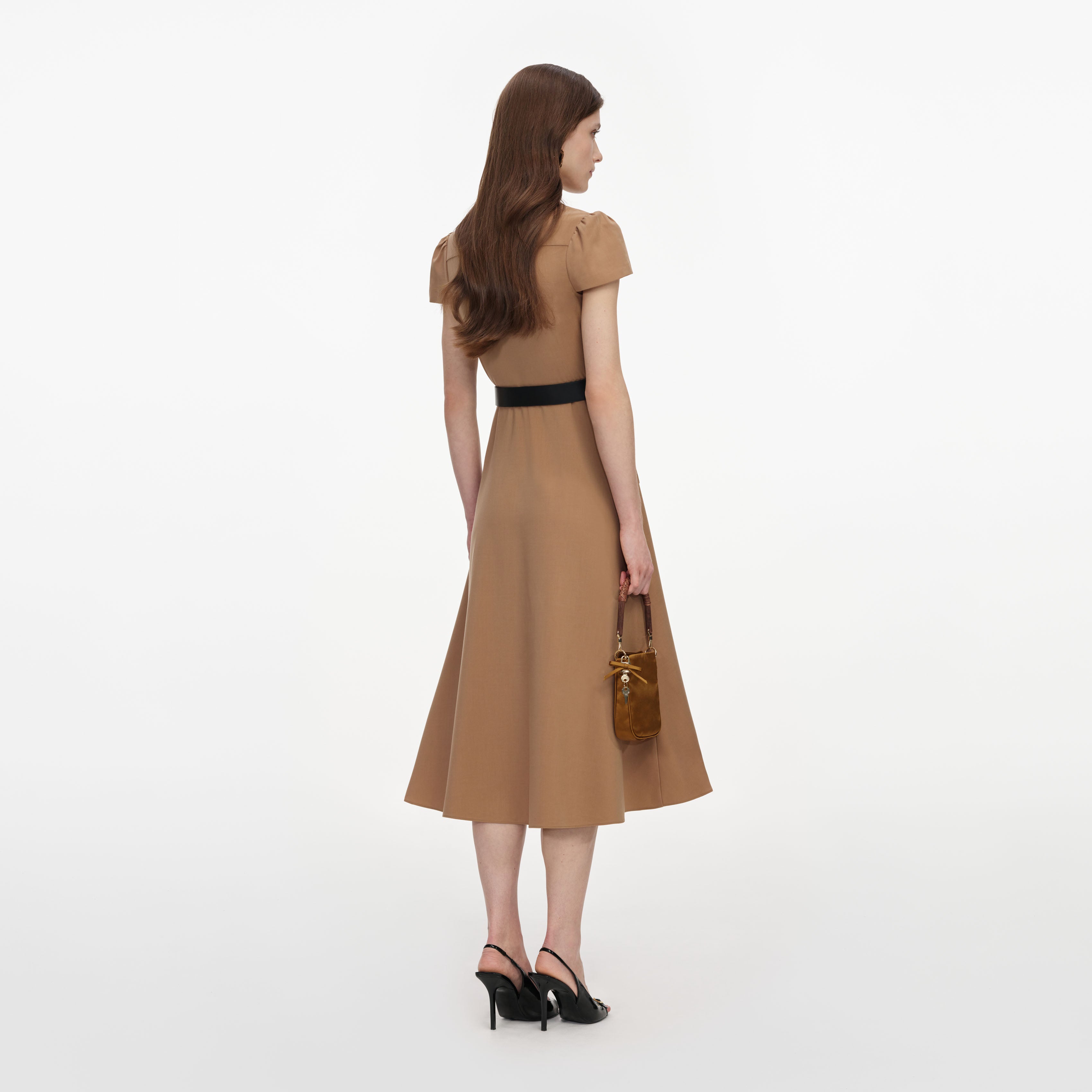 Tan Twill Belted Midi Dress