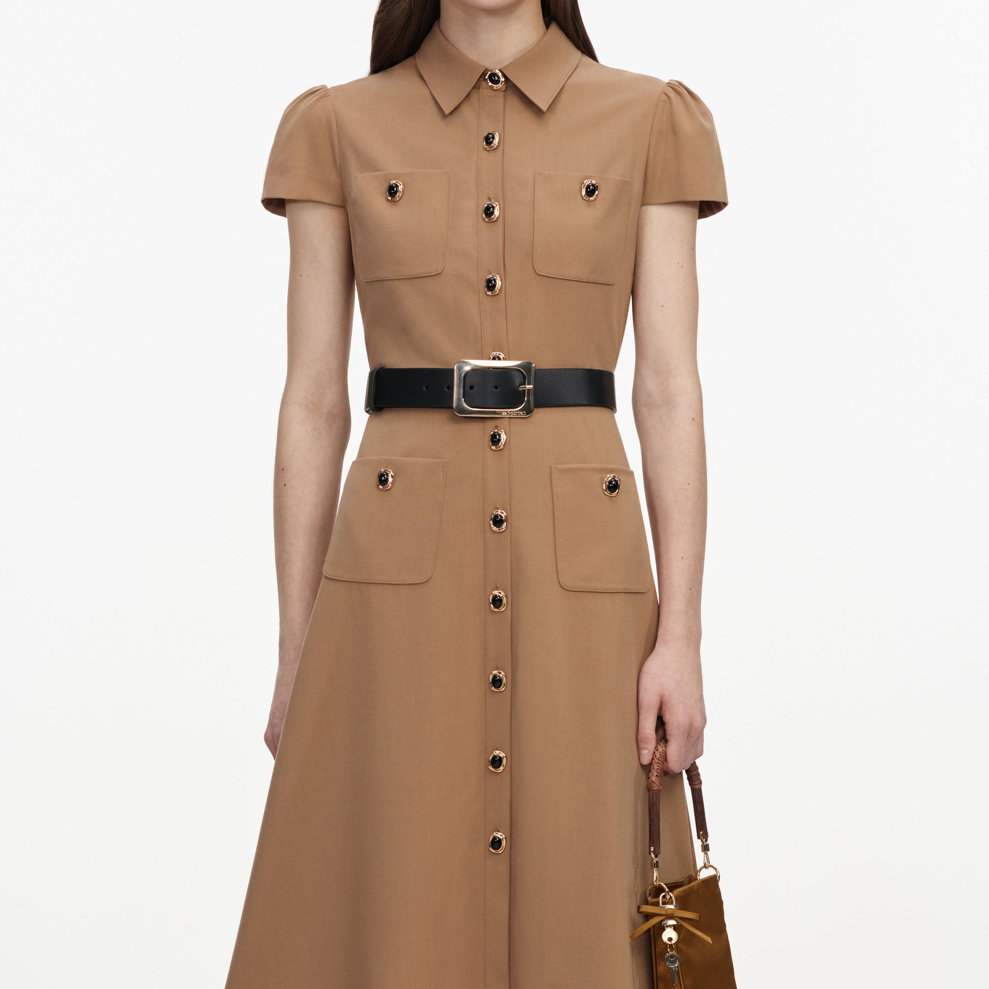 Tan Twill Belted Midi Dress