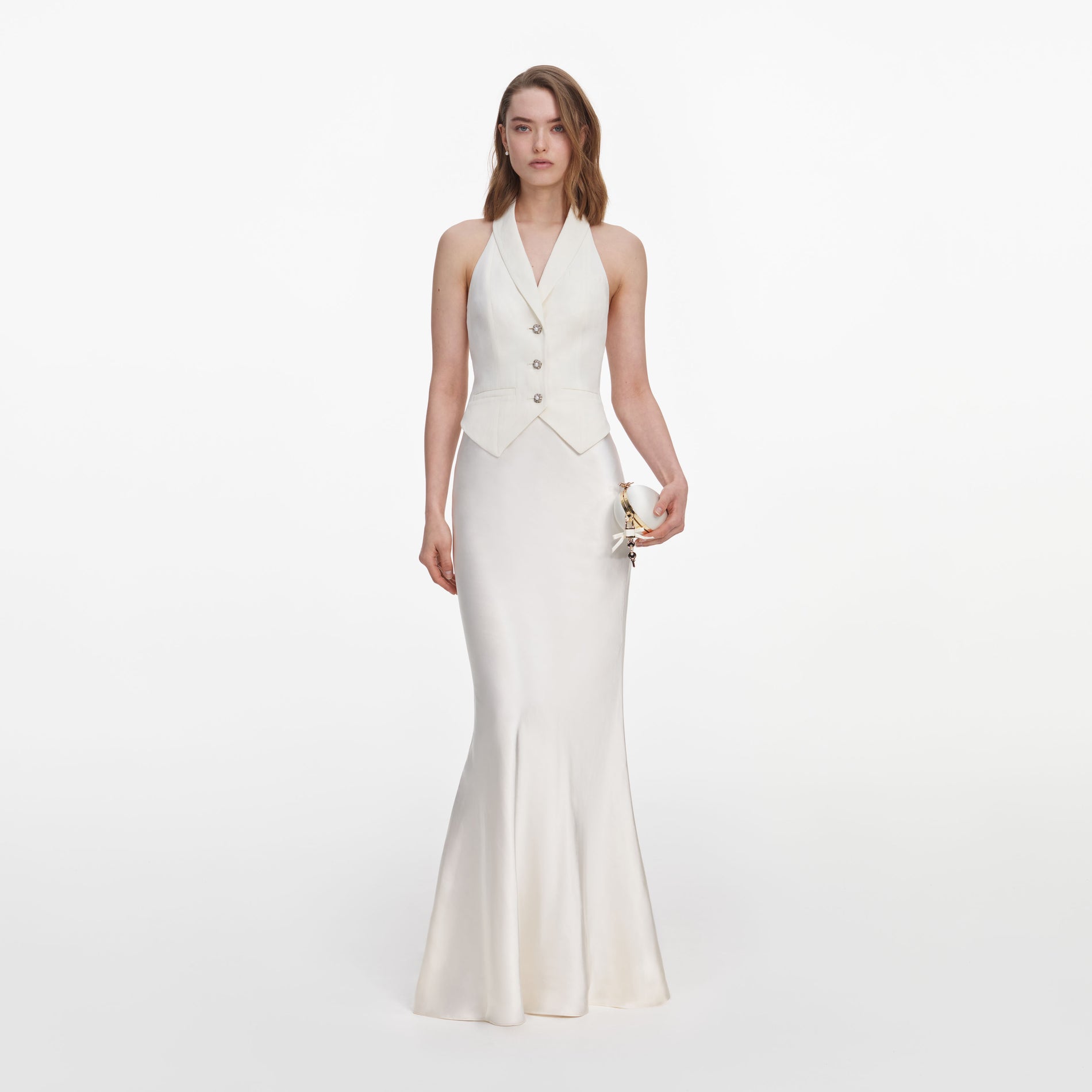 Front view of a woman wearing the Cream Linen Blend Satin Maxi Dress