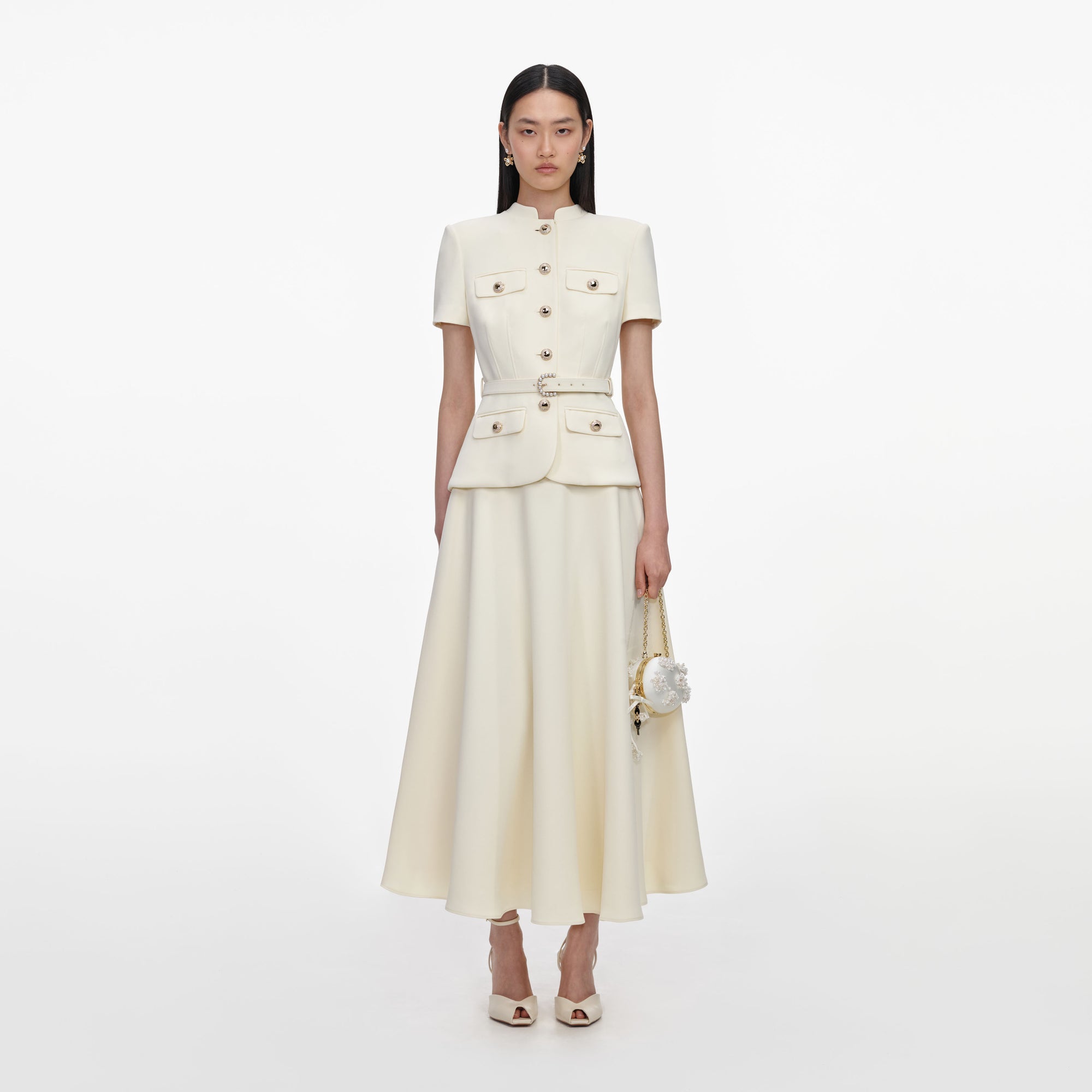 Front view of a woman wearing the Yellow Crepe Tailored Midi Dress