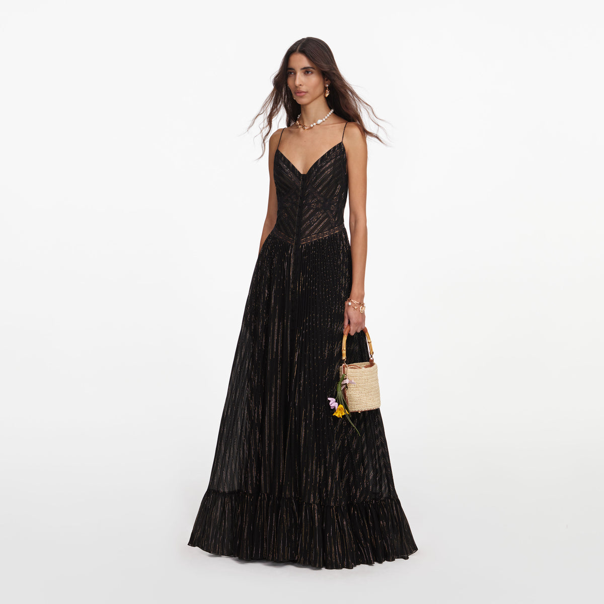 Black Lurex Stripe Pleated Maxi Dress – self-portrait
