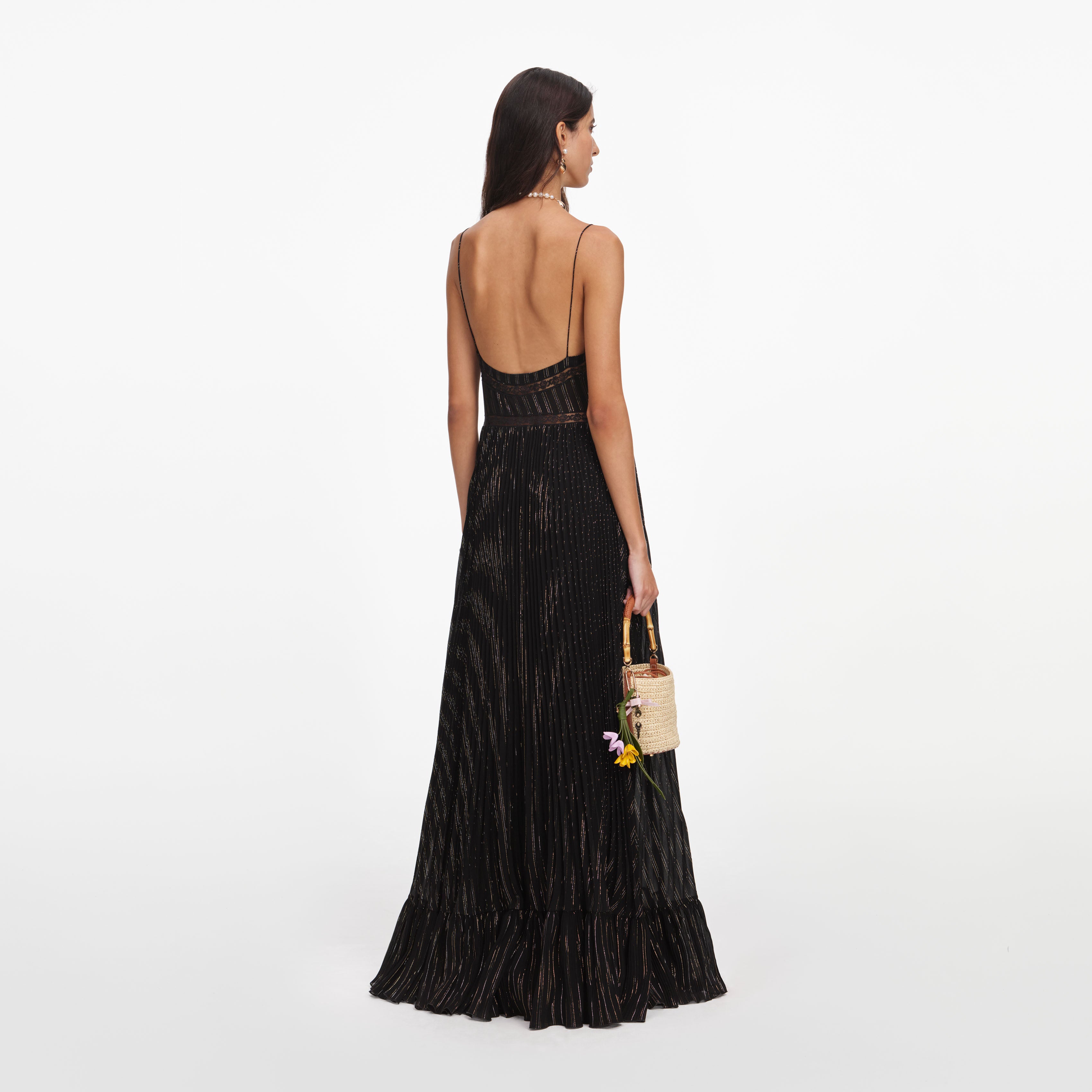 Black Lurex Stripe Pleated Maxi Dress
