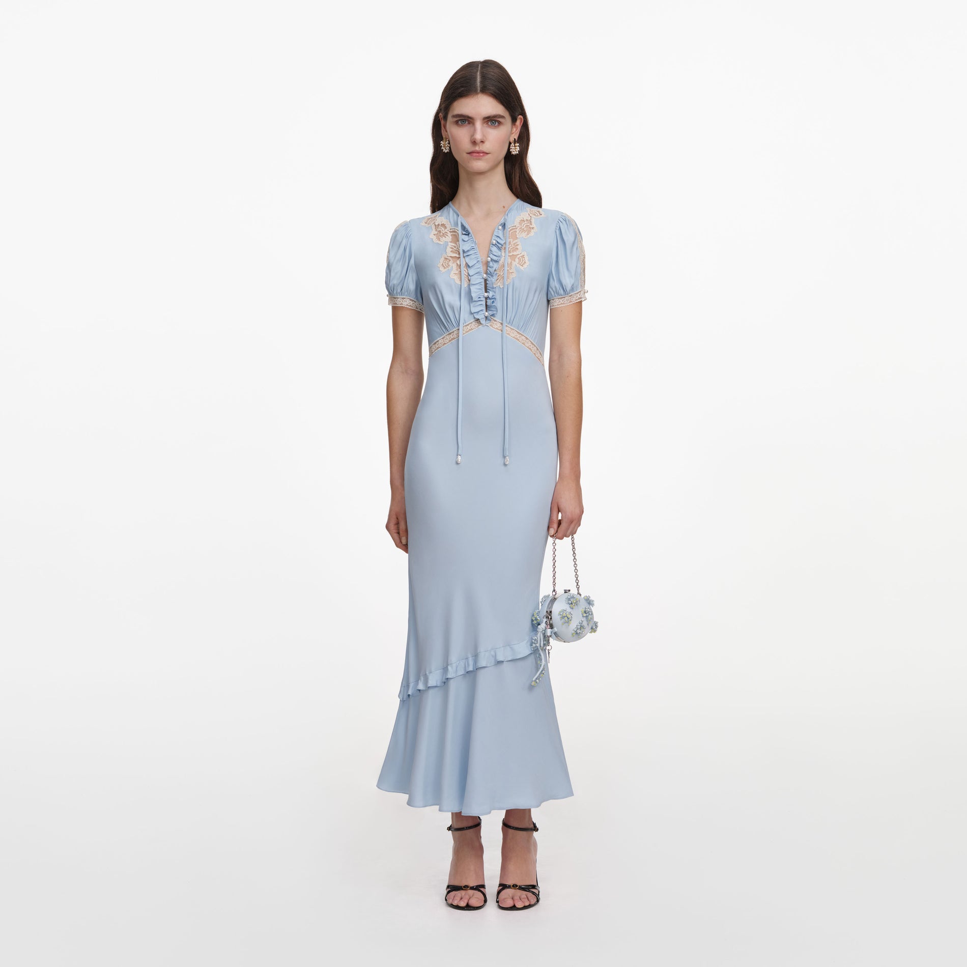 Front view of a woman wearing the Blue Viscose Lace Midi Dress