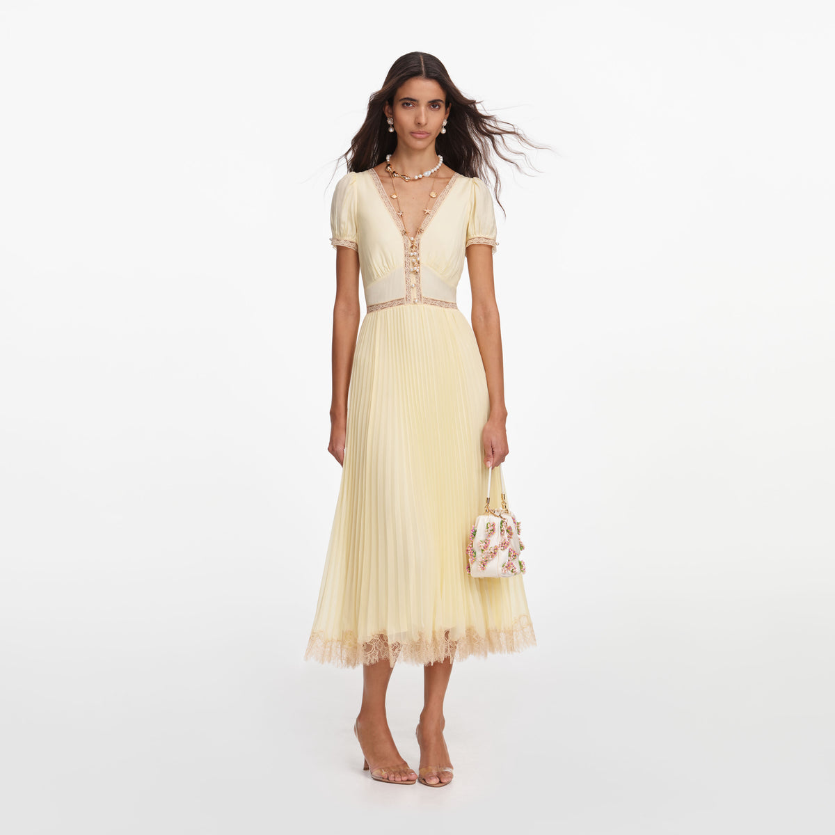 self-portrait Yellow Viscose Pleated Lace Midi Dress