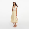 Yellow Viscose Pleated Lace Midi Dress