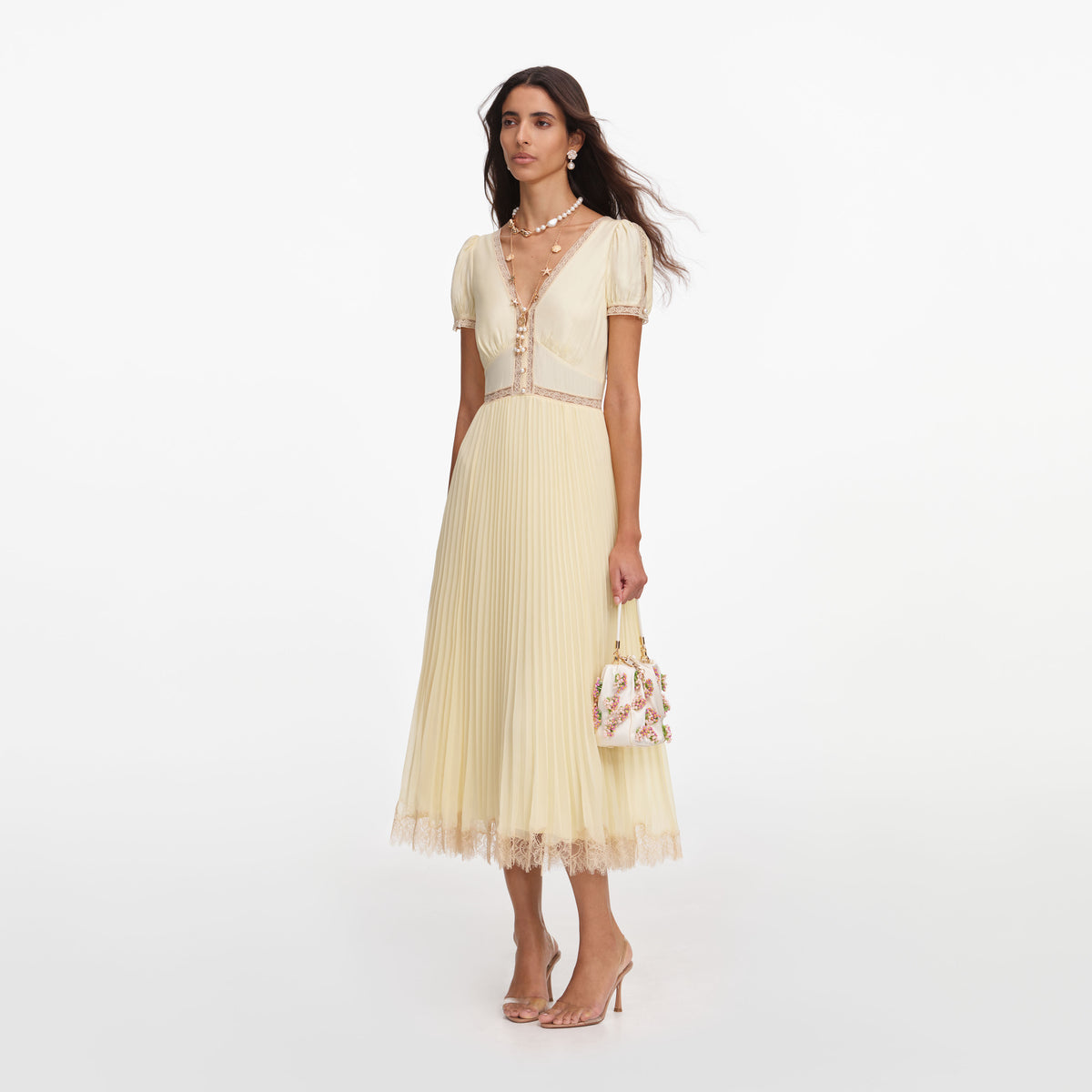 Yellow Viscose Pleated Lace Midi Dress