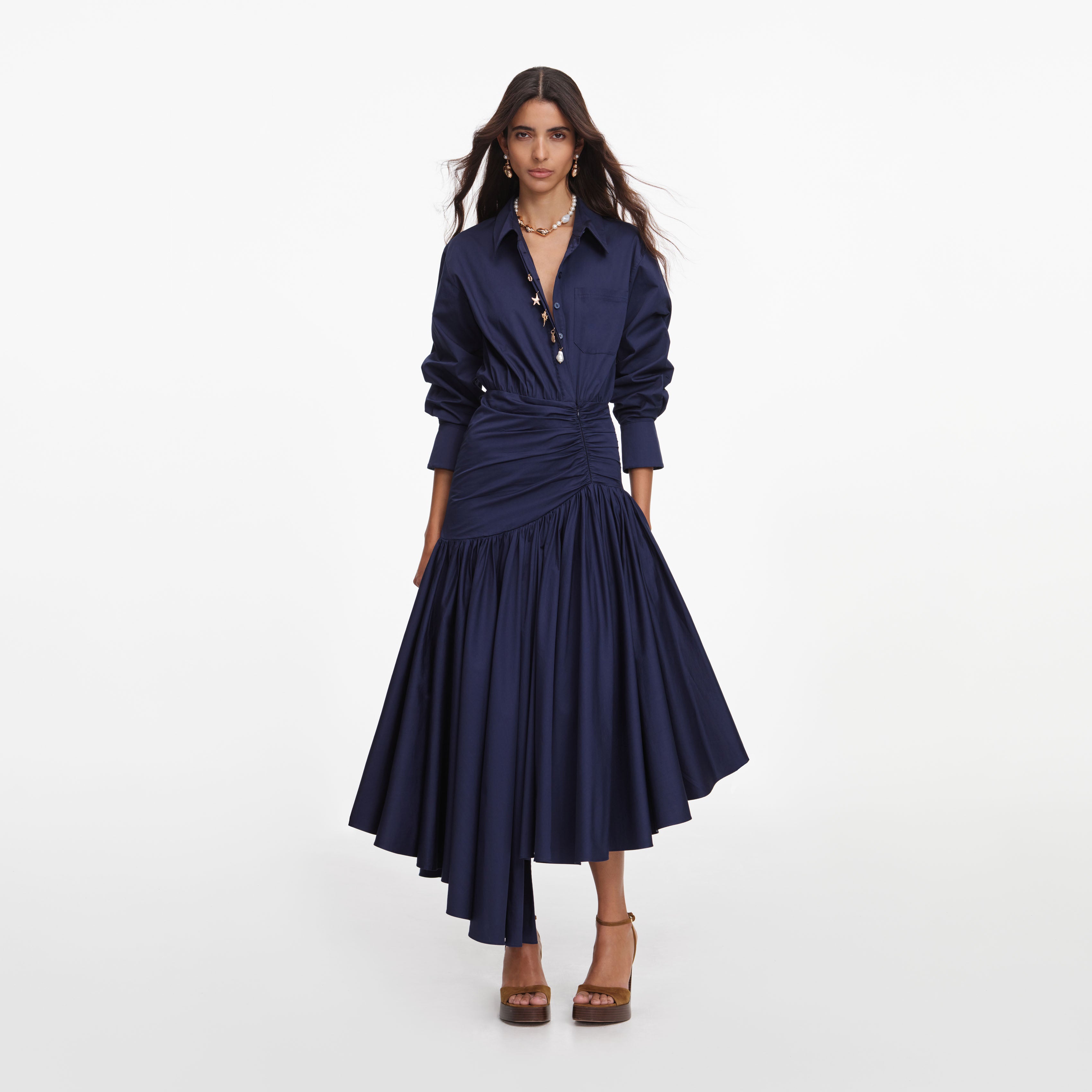 Navy Cotton Asymmetric Midi Dress
