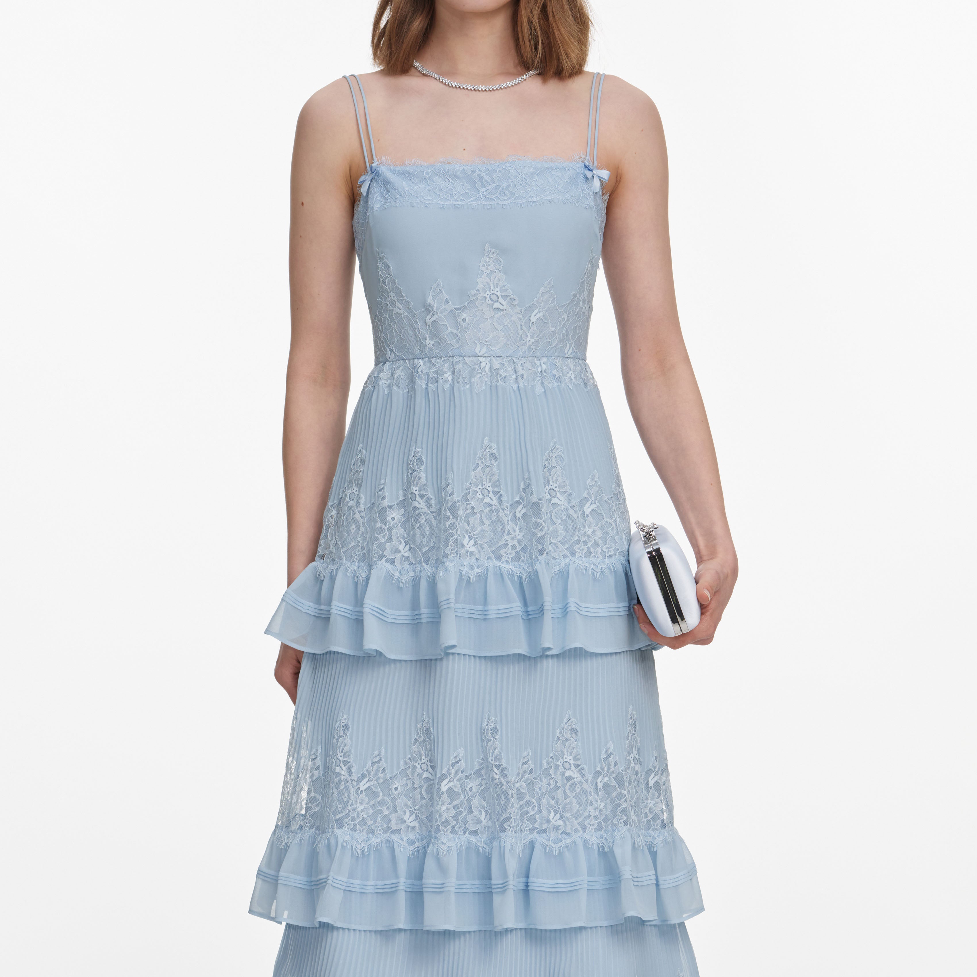 E*様 Self Portrait Cord Lace Tiered Dress Blue Chiffon Lace Tiered Midi Dress – self-portrait