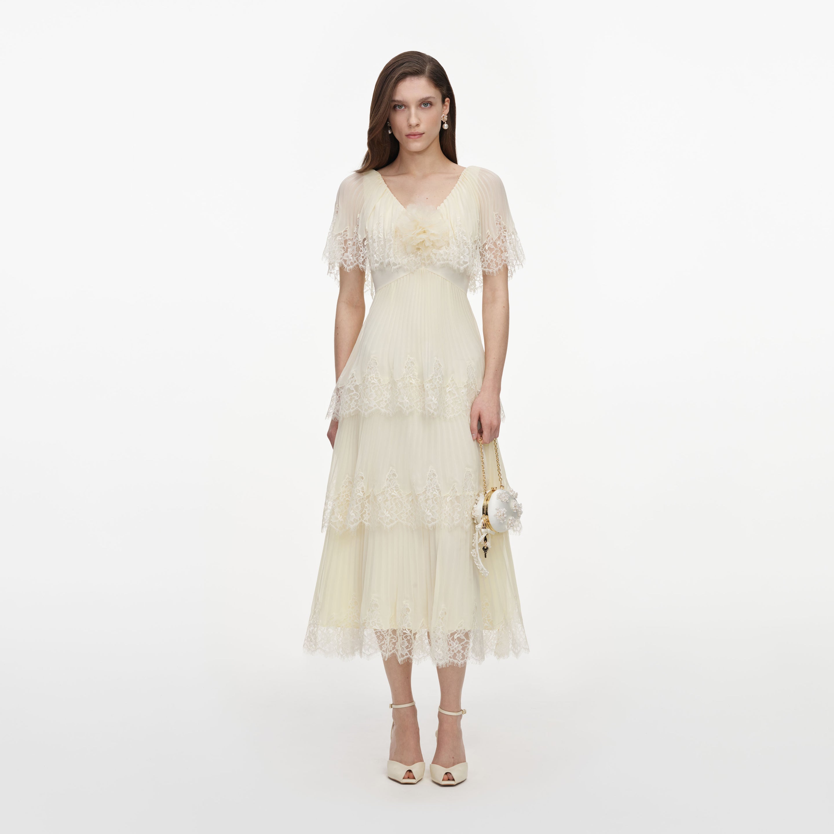 Yellow Chiffon Tiered Midi Dress – self-portrait