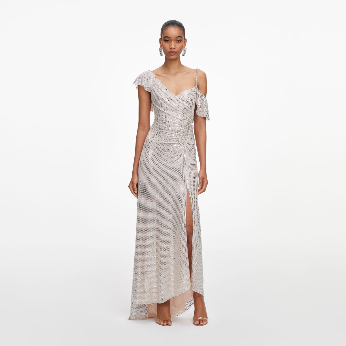 embellished draped ruffle maxi dress in champagne embellished draped ruffle maxi dress in champagne Champagne Tiered Ruffle  Long Ball Gown with Straps  Ohmollydress