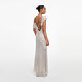 Champagne Rhinestone Ruffle Draped Maxi Dress