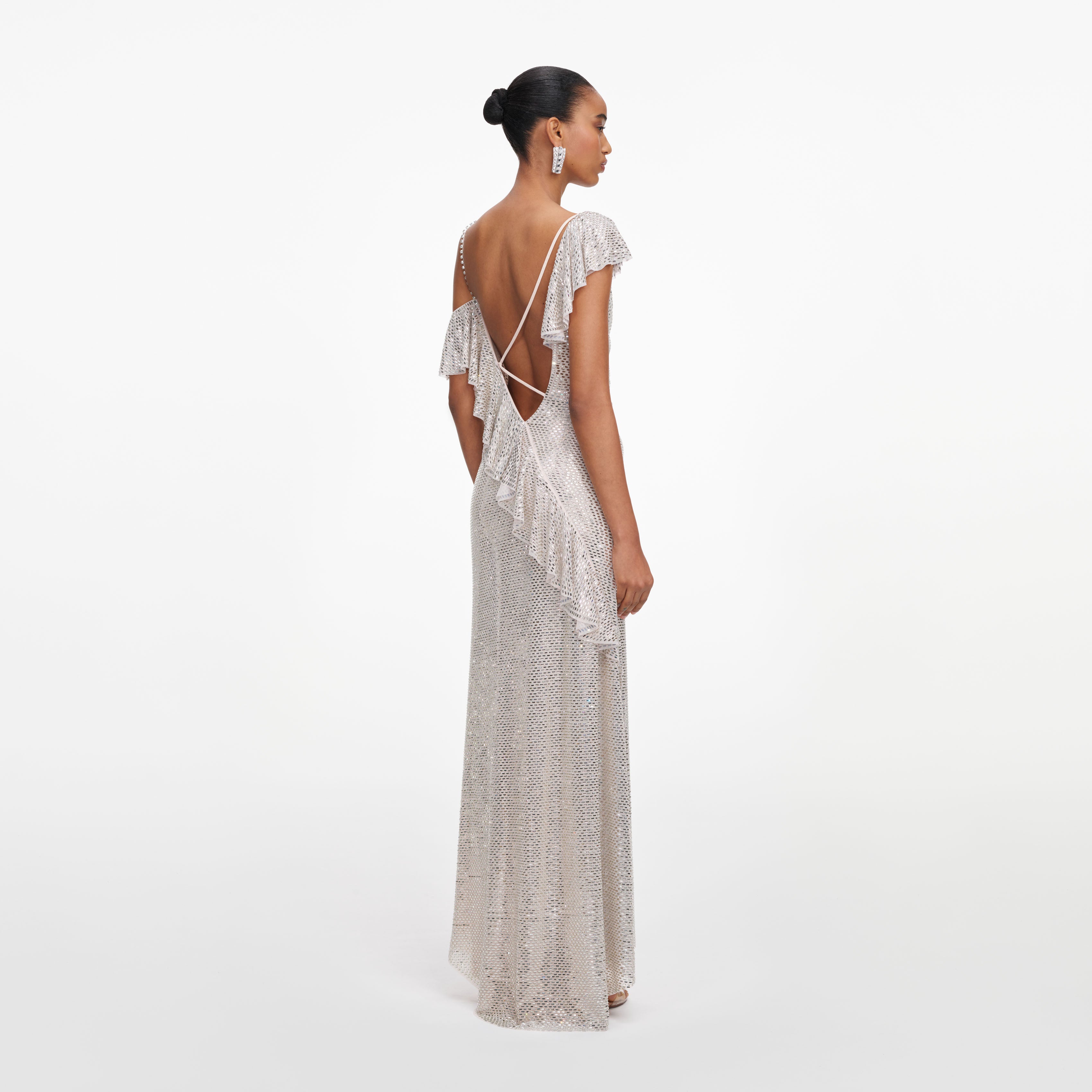 Champagne Rhinestone Ruffle Draped Maxi Dress – self-portrait