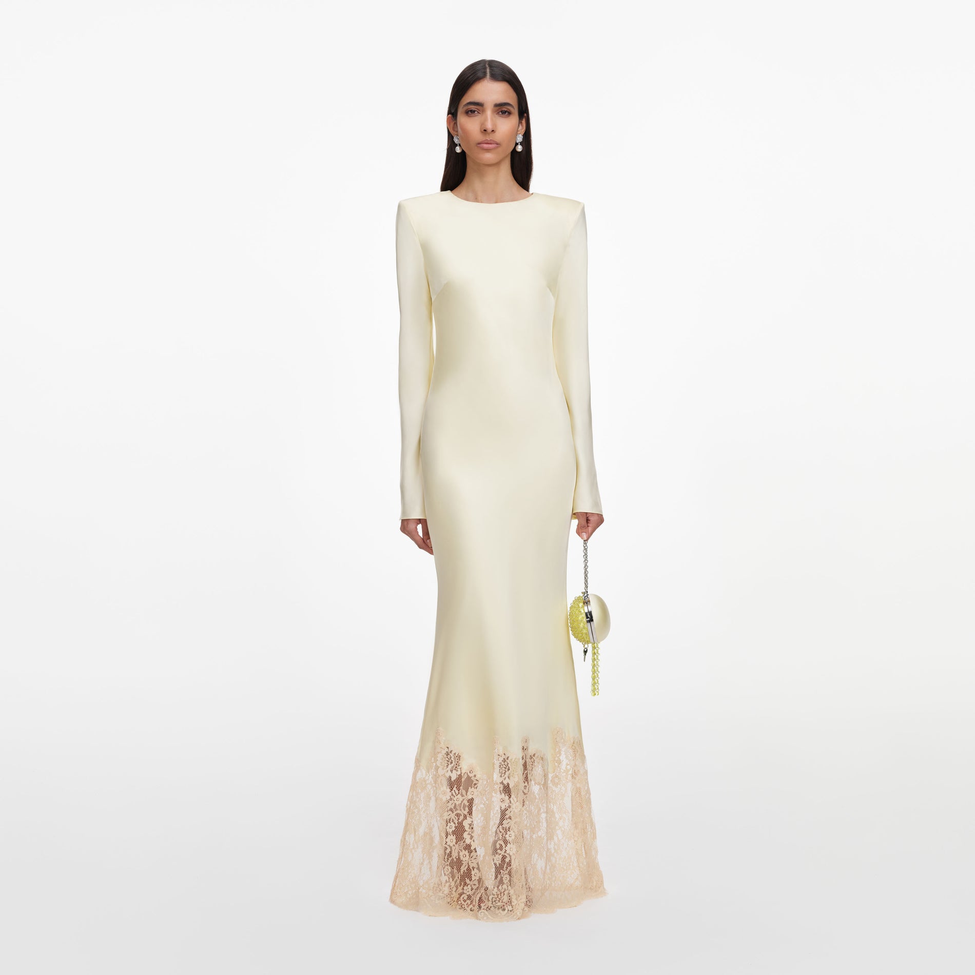 Front view of a woman wearing the Yellow Viscose Lace Maxi Dress