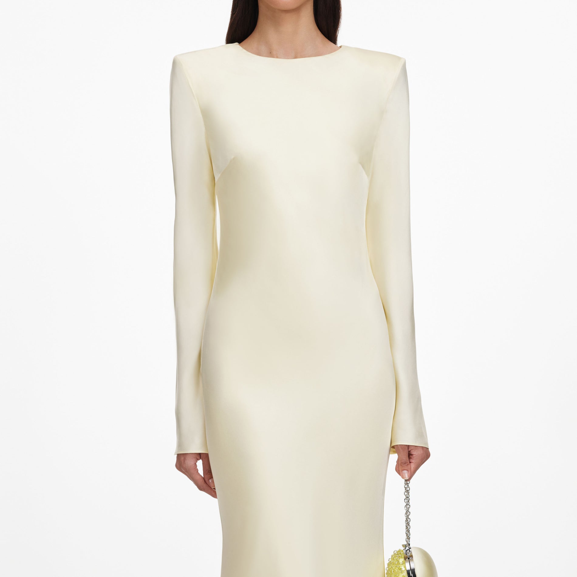 A close up of a woman wearing the Yellow Viscose Lace Maxi Dress