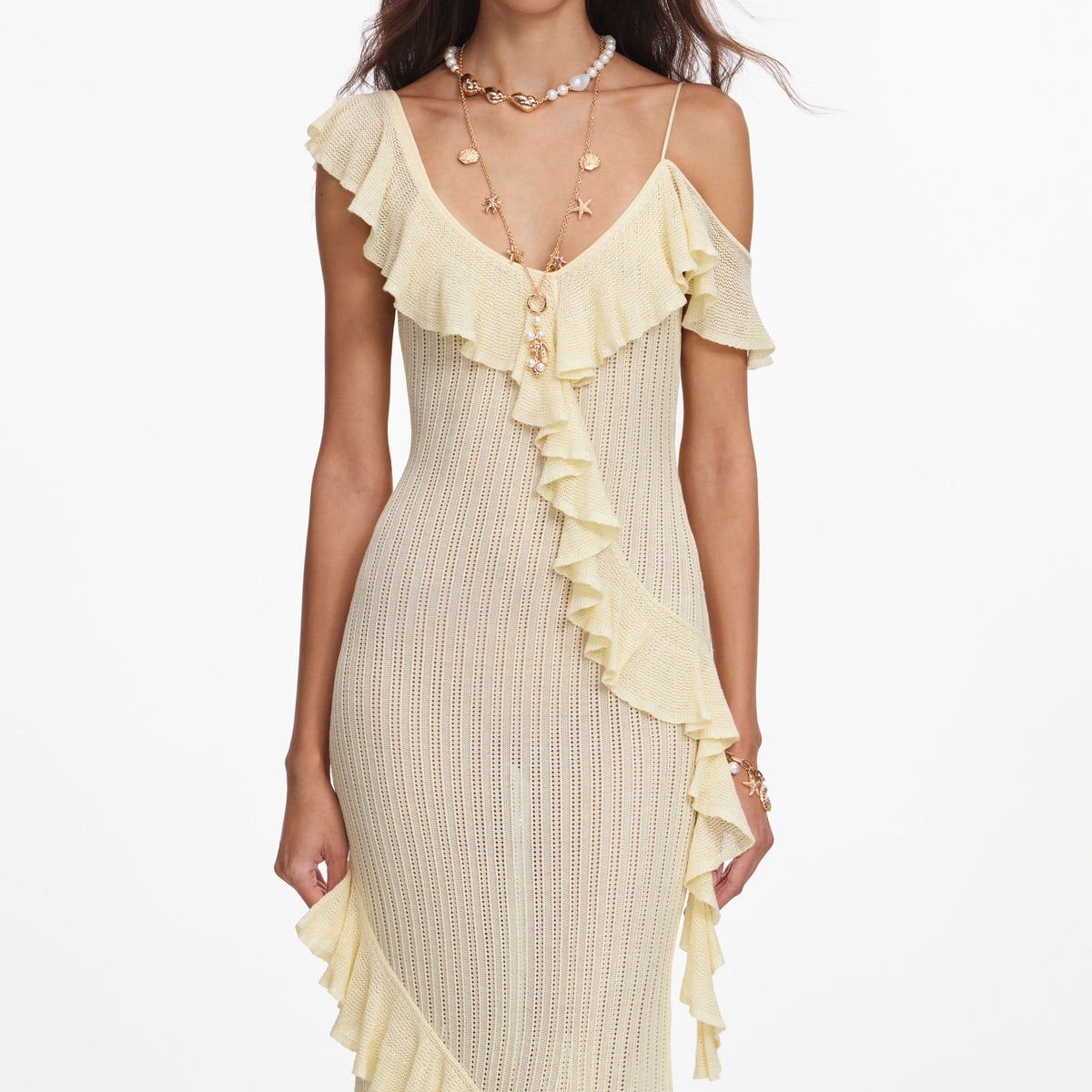 Yellow Ruffle Knit Maxi Dress self-portrait Yellow Ruffle Knit Maxi Dress self-portrait