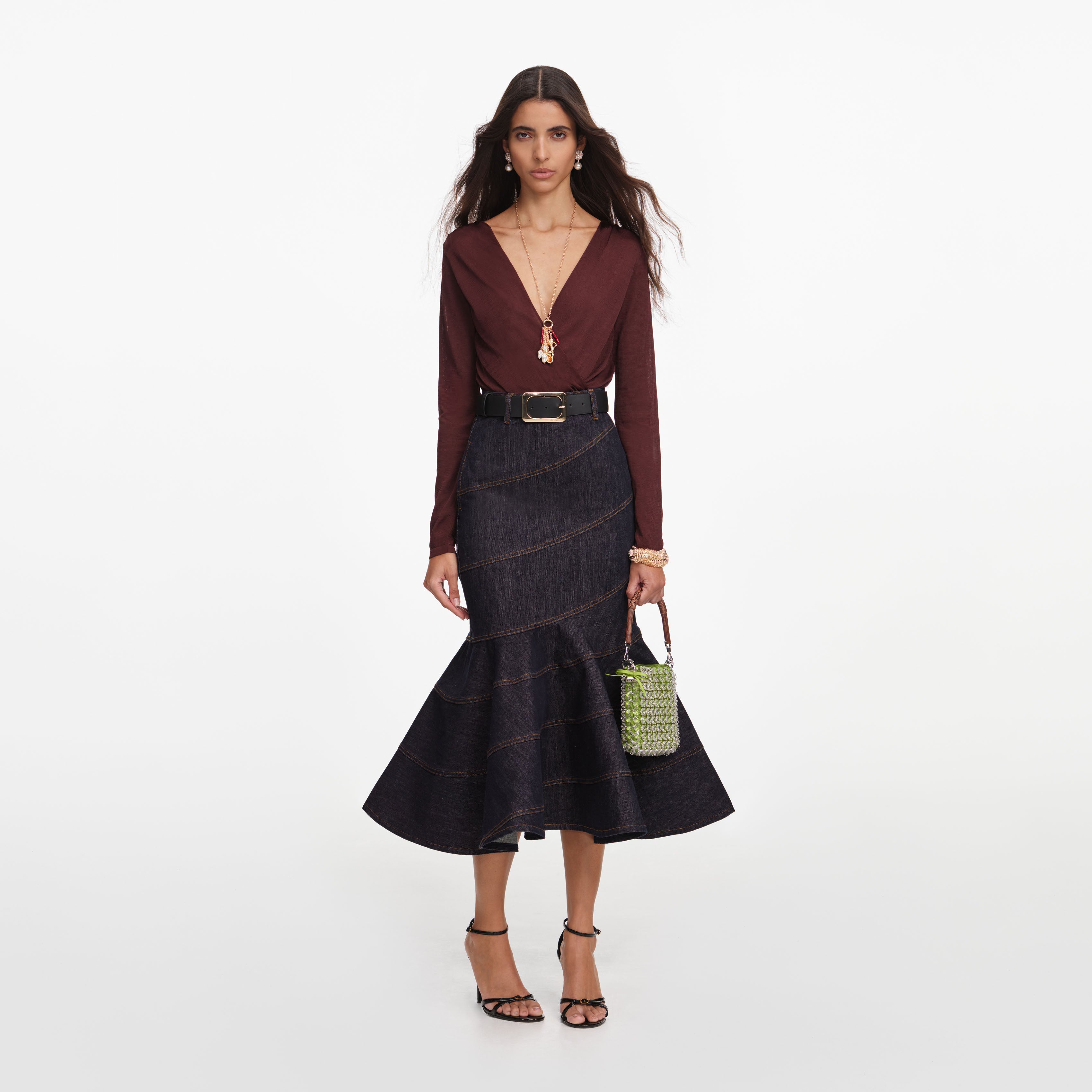 Indigo Denim Belted Midi Skirt