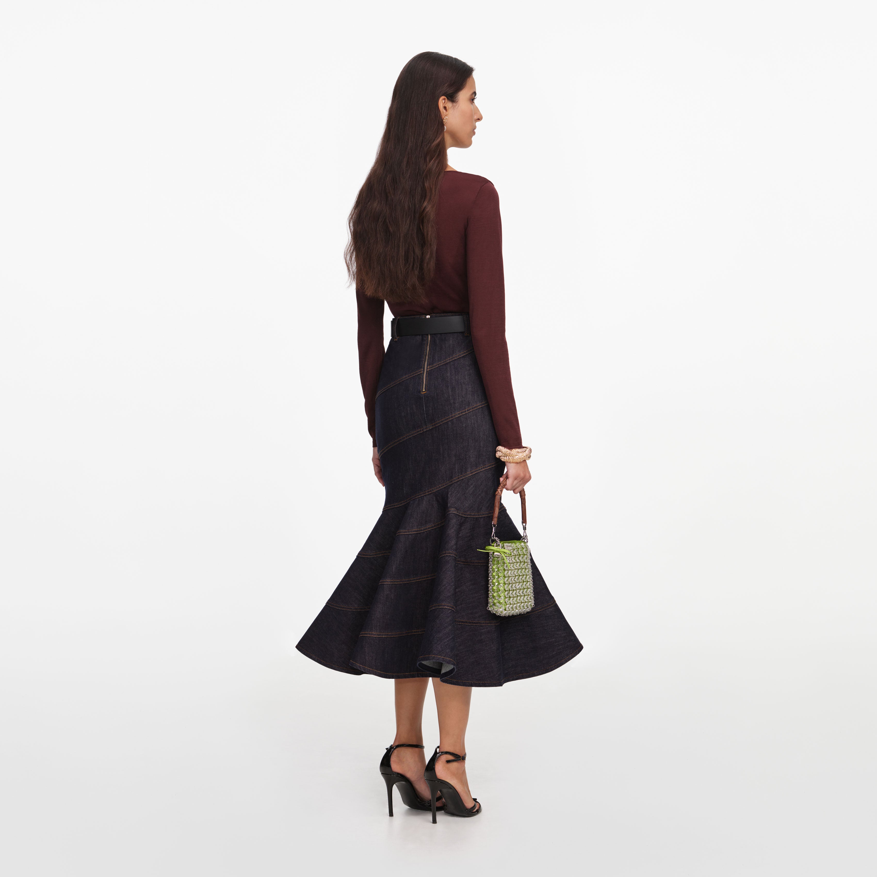 Indigo Denim Belted Midi Skirt