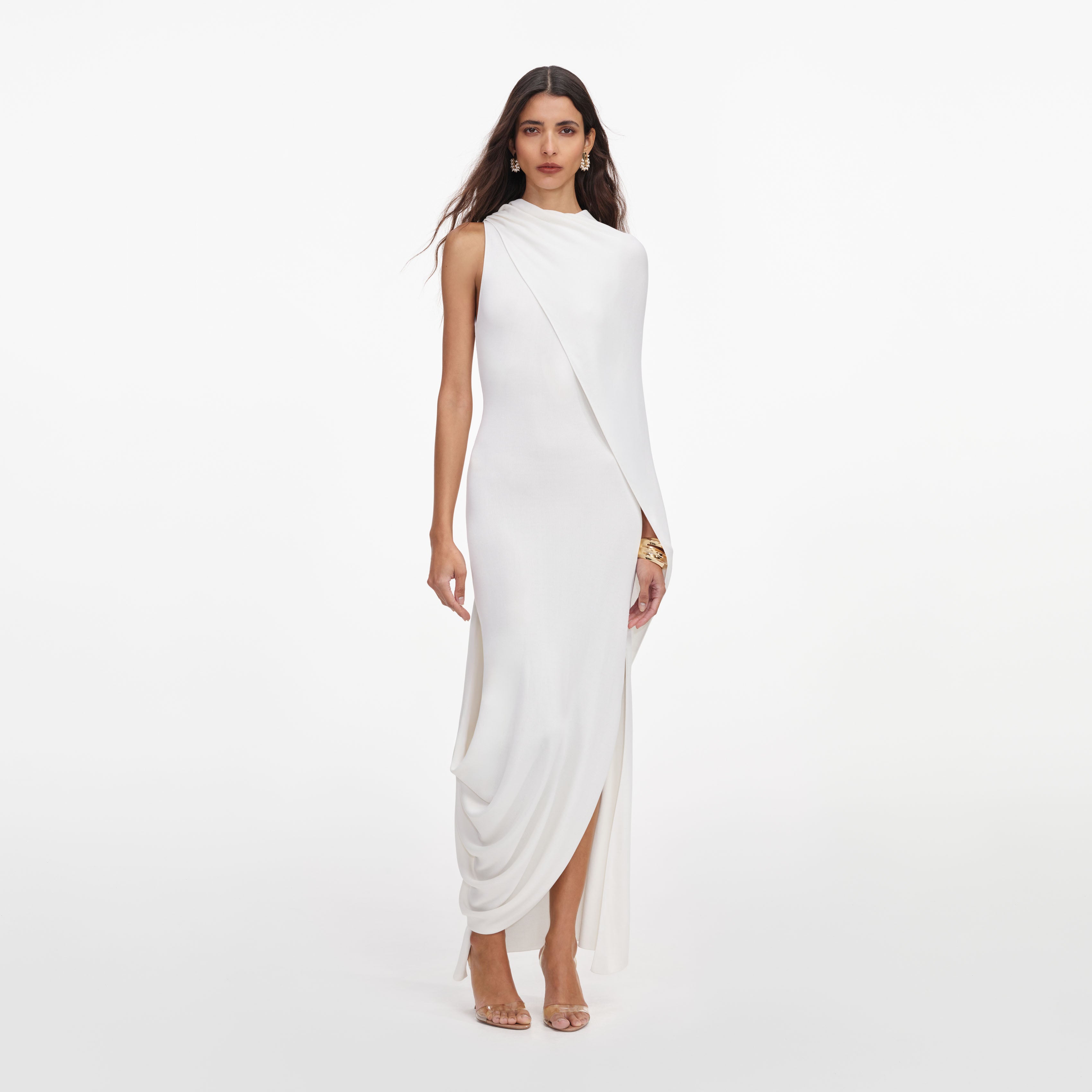 White Viscose Knit Drape Maxi Dress