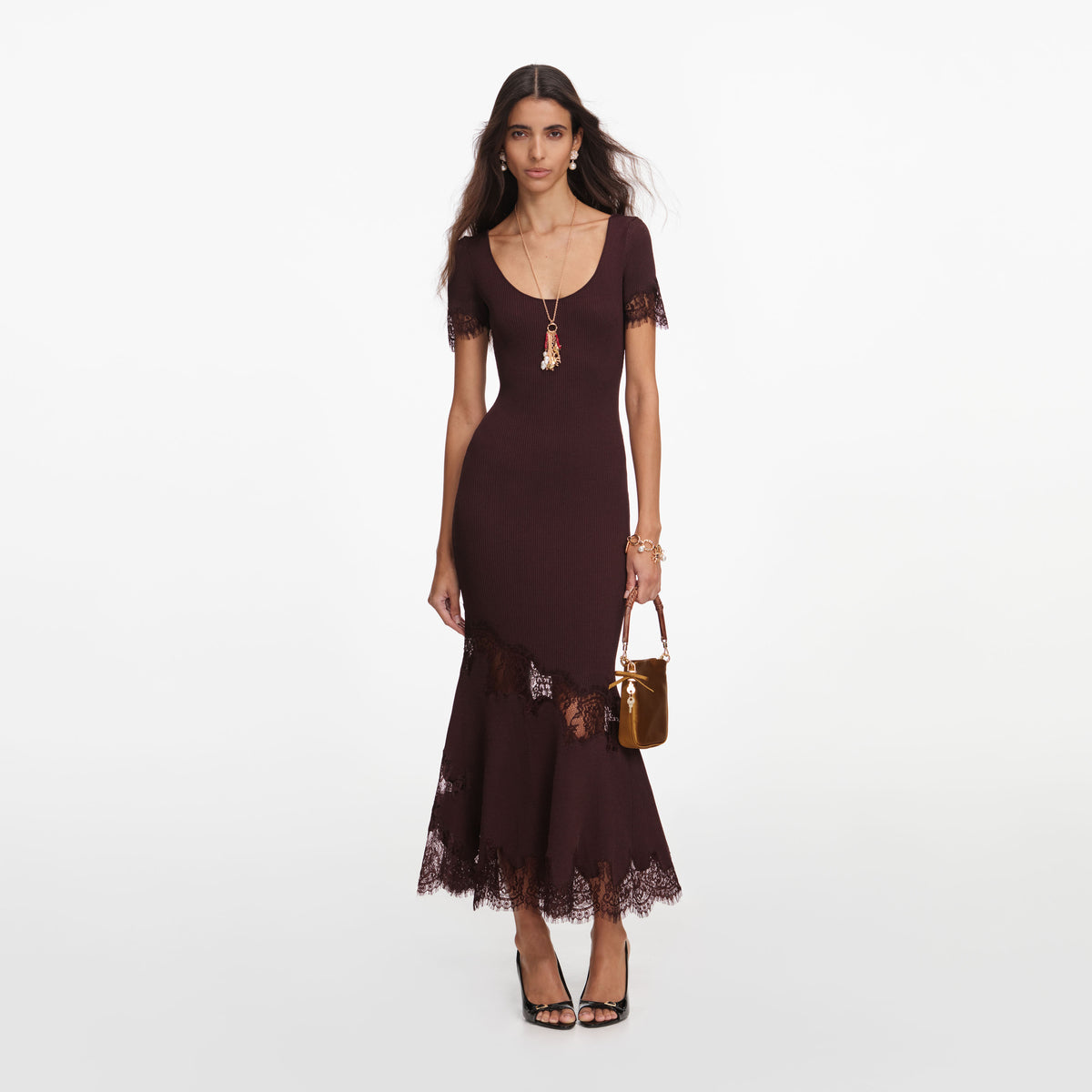 Brown Ribbed Knit Midi Dress – self-portrait