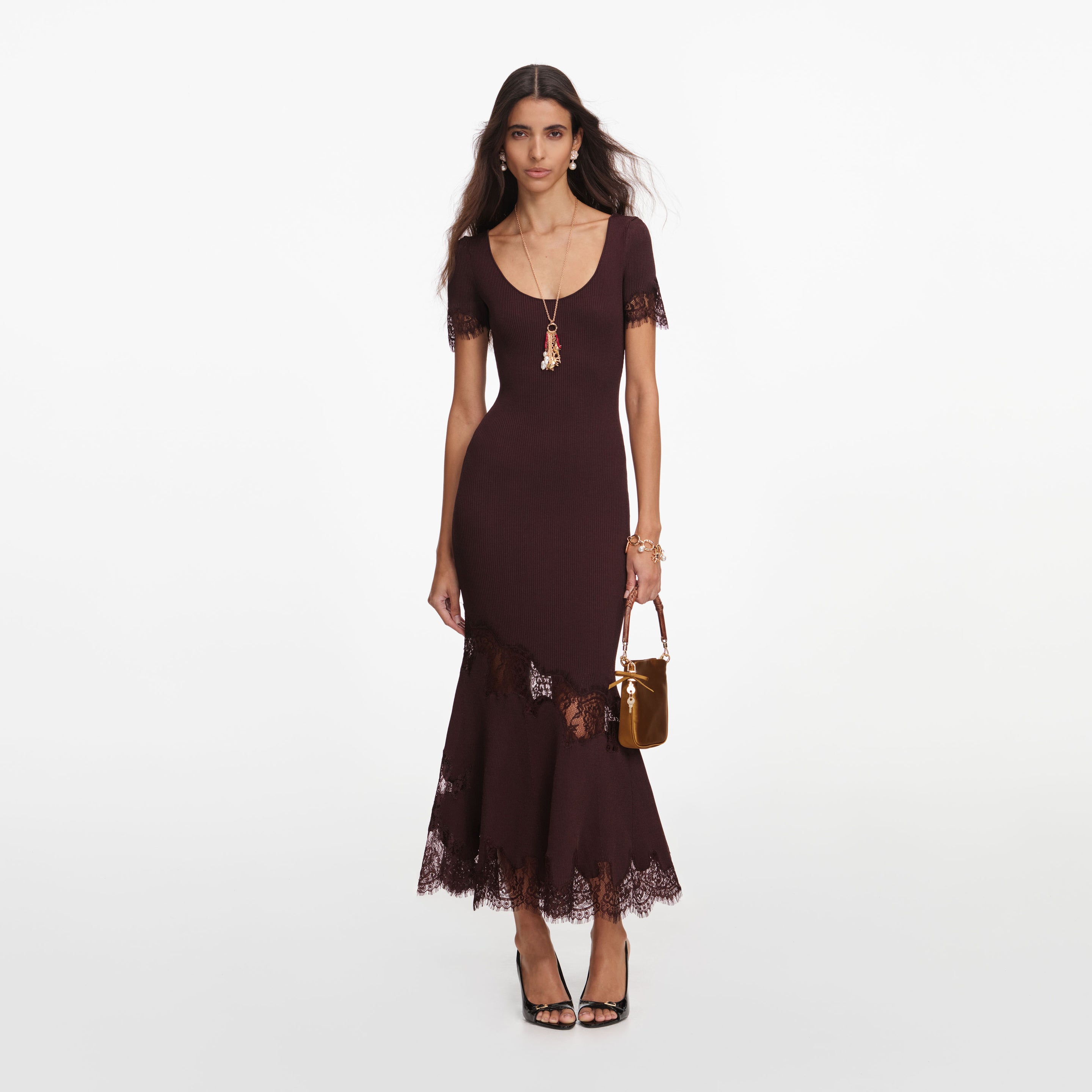 knee length dresses for ladies Brown Ribbed Knit Midi Dress – self-portrait
