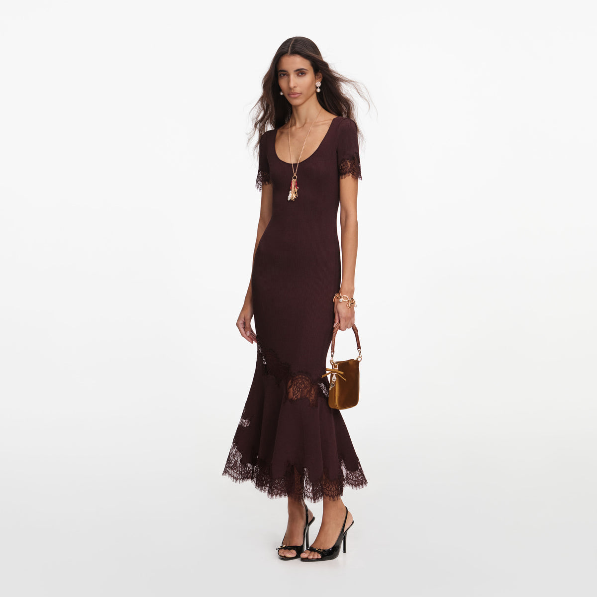 self portrait brown textured knit midi dress Brown Textured Knit Midi Dress self-portrait-US