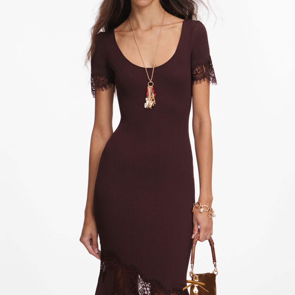 self portrait brown textured knit midi dress self-portrait Textured Knit Midi Dress in Brown