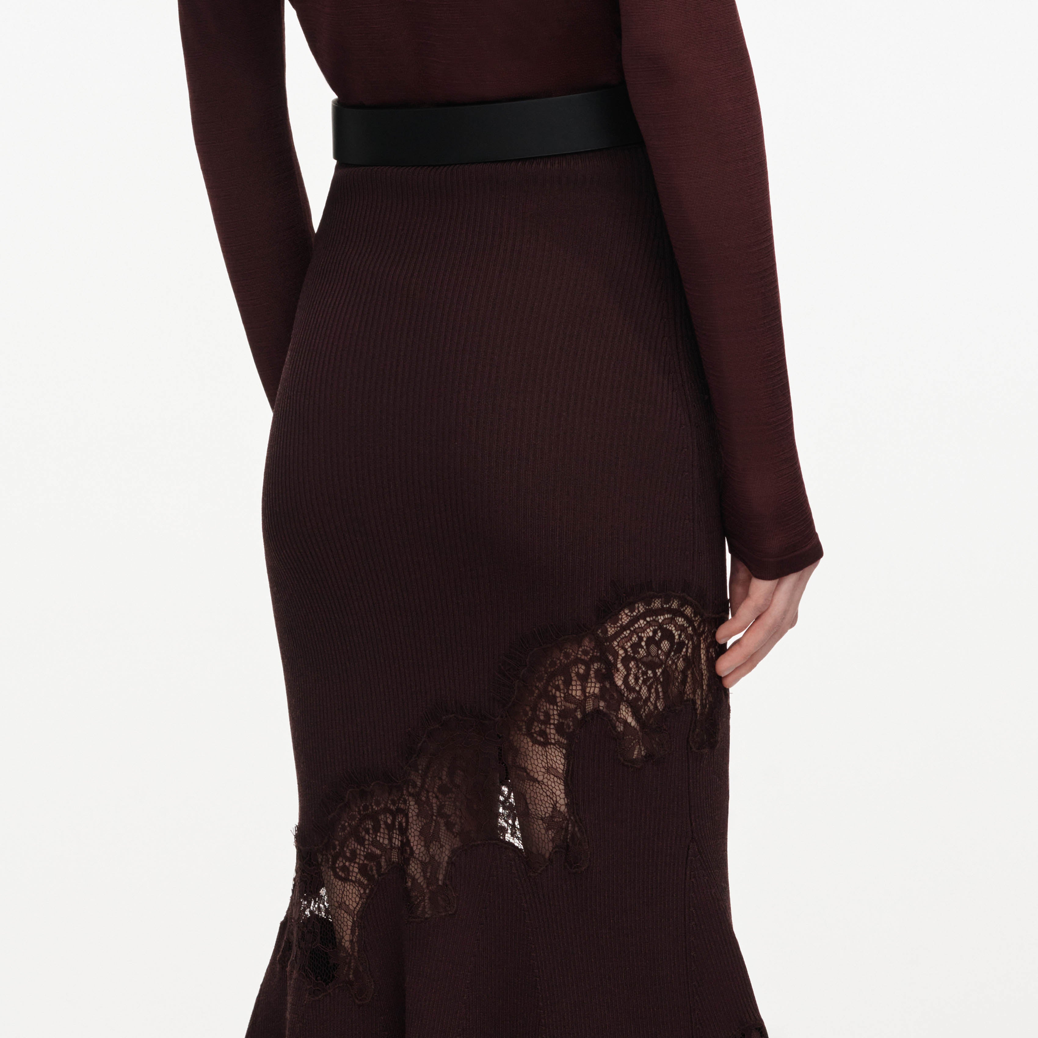 Brown Ribbed Knit Midi Skirt