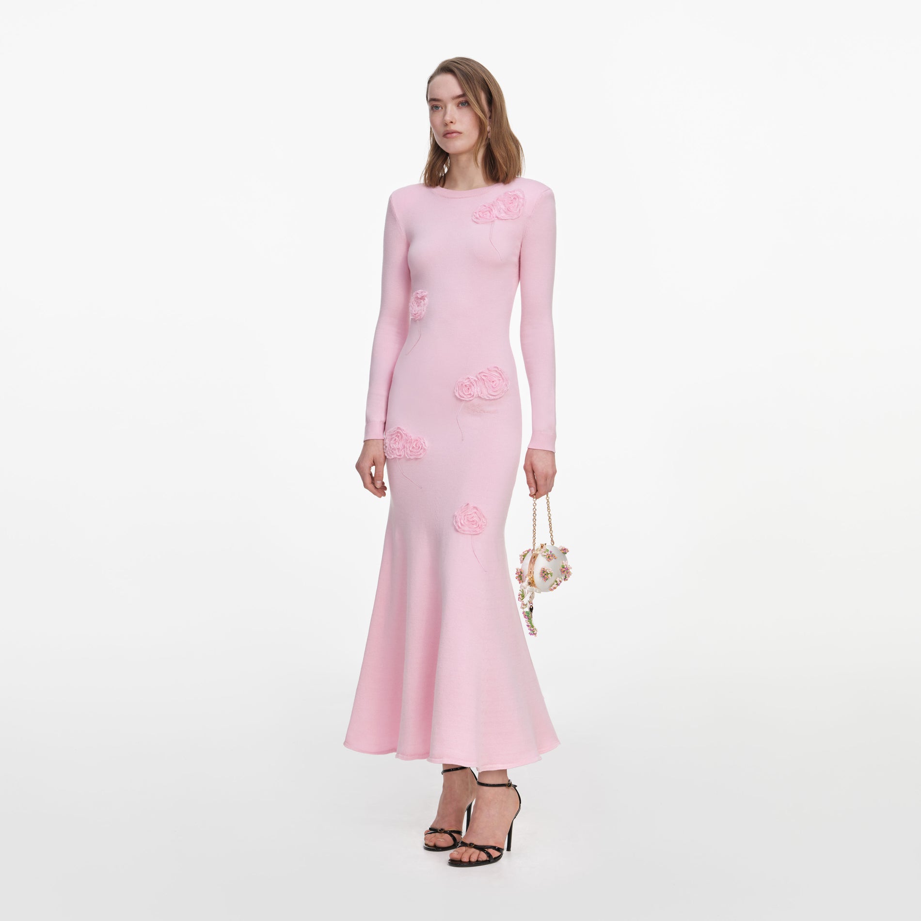 Pink Flower Knit Midi Dress