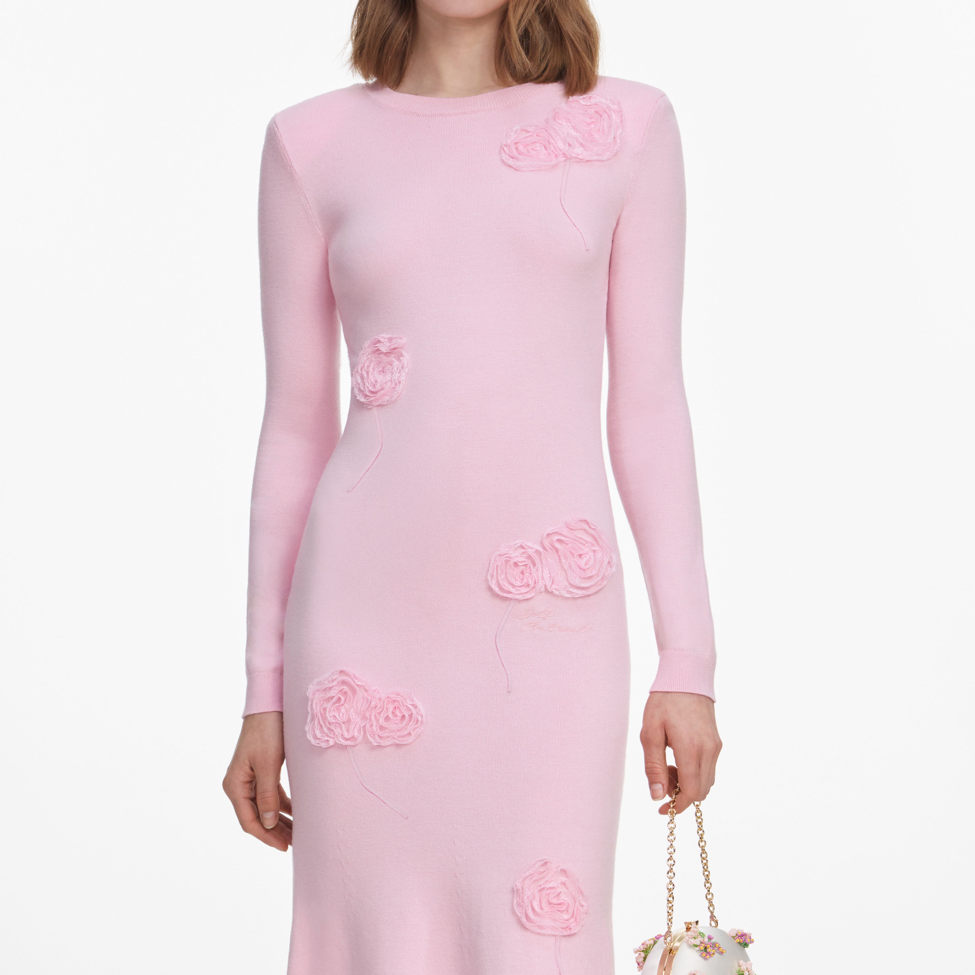 Pink Flower Knit Midi Dress