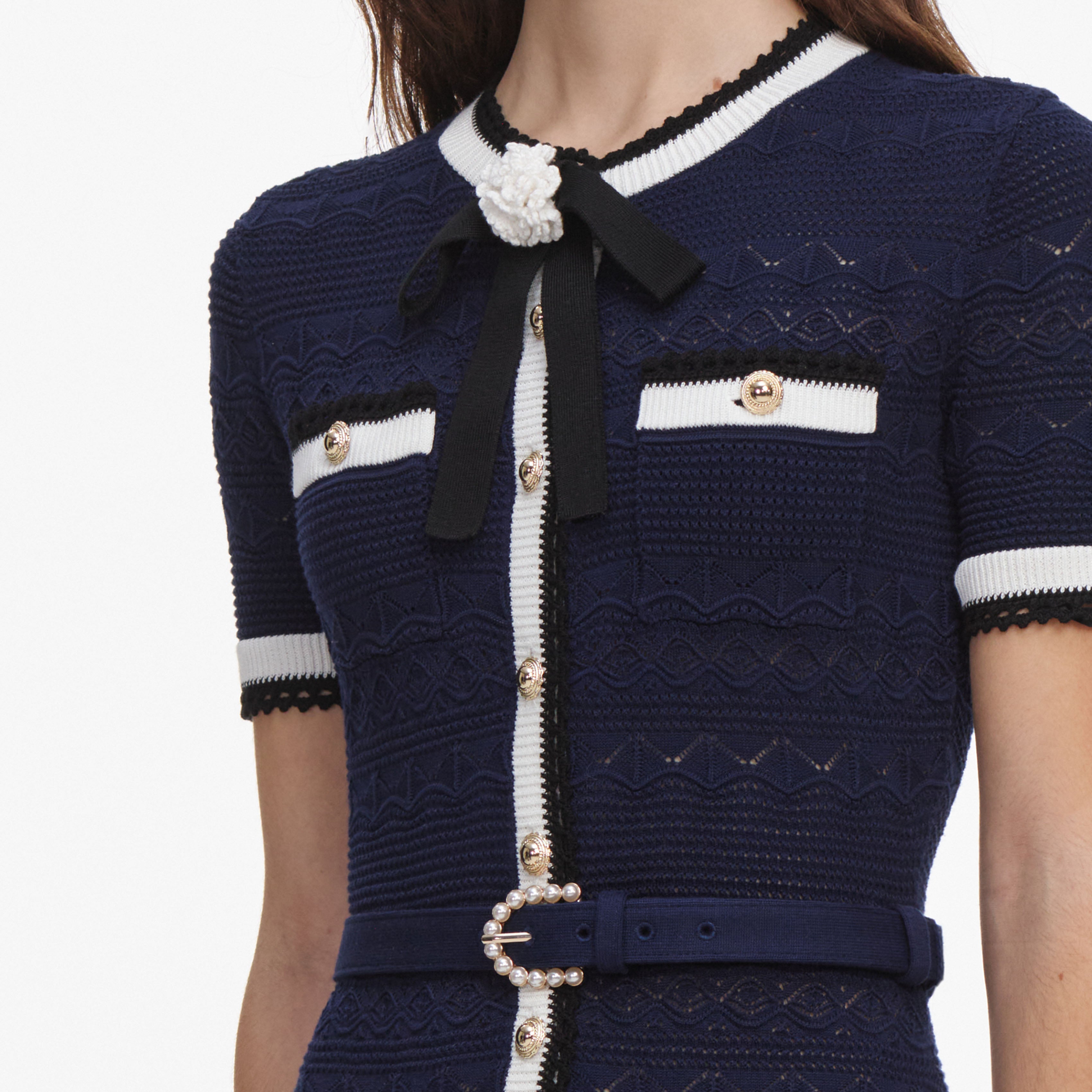 Navy Pointelle Knit Midi Dress