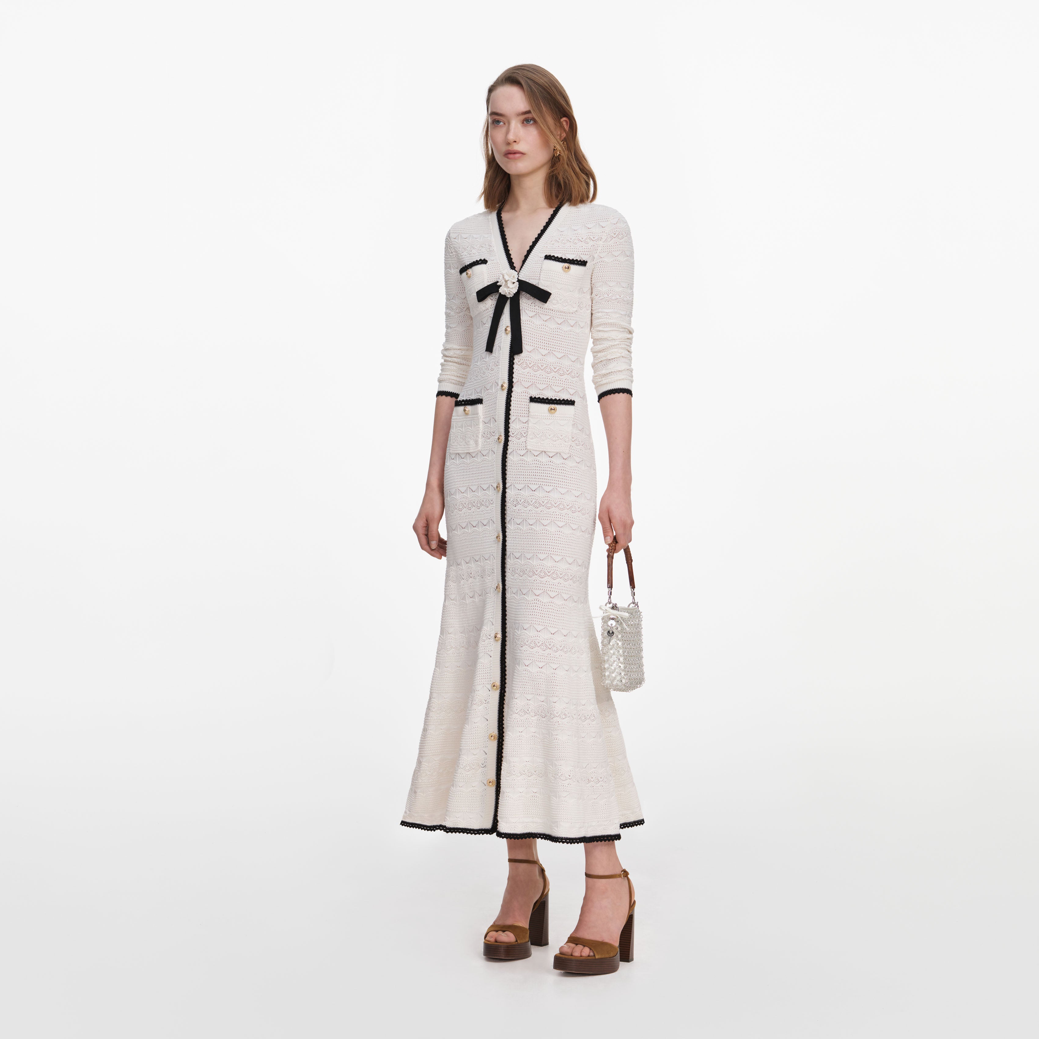 White Pointelle Knit Long Cardigan – self-portrait