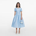 Blue Button Front Taffeta Midi Dress
